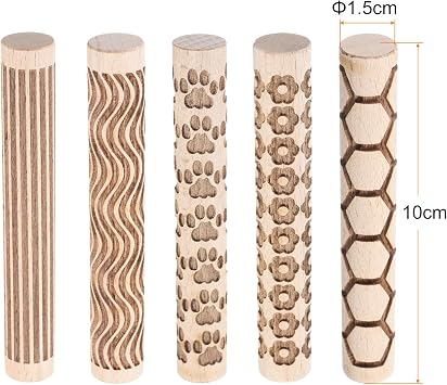 HARFINGTON 5pcs Wood Clay Roller 4Lines Flower Paw Print Hexagon Pattern Rolling Pins Pottery Tools Wood Grain Texture Rollers for Clay Baking Dough Playdough DIY