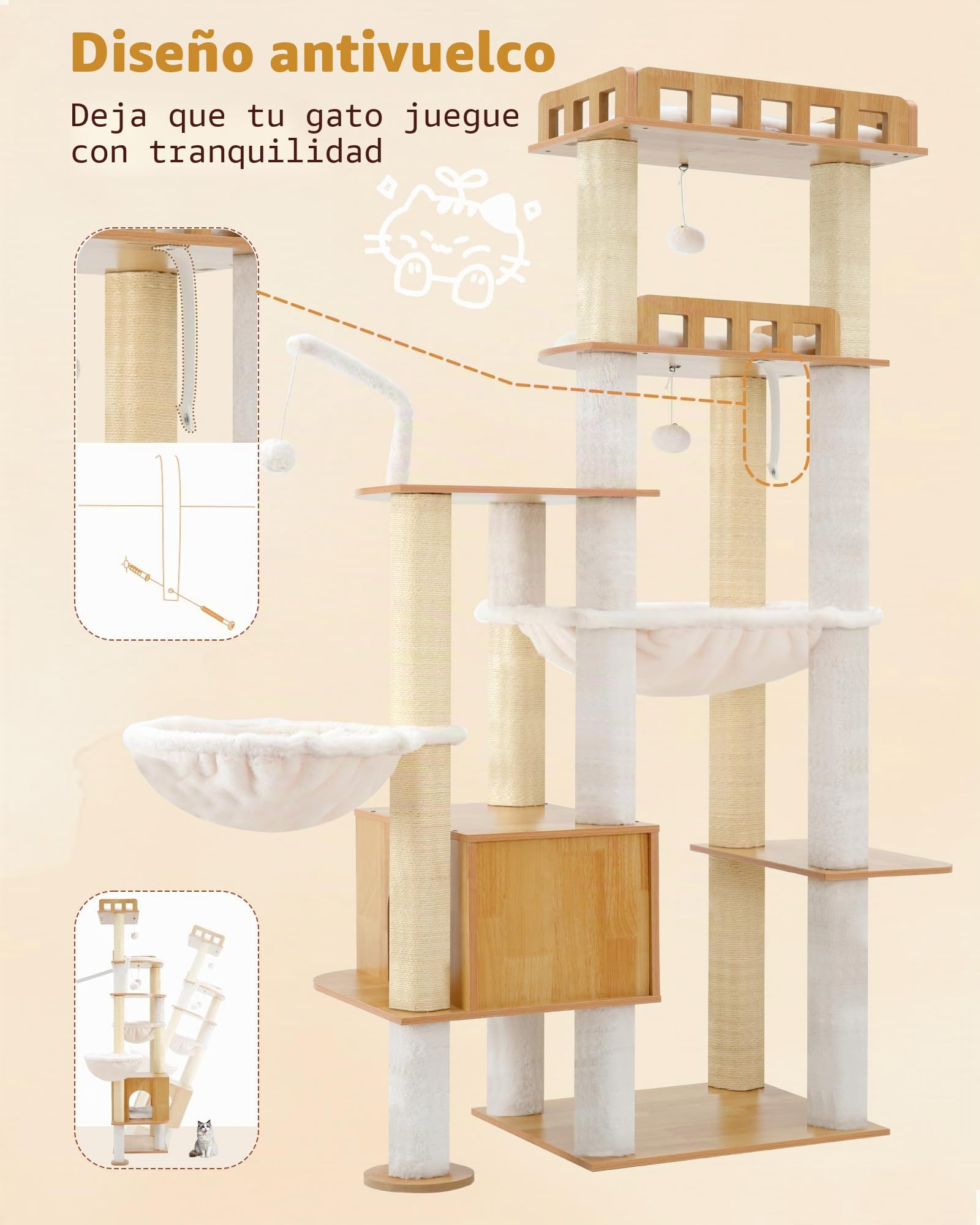 Heybly Árbol rascador para Gatos en Madera, 179 cm de Altura, con Plataforma Grande, Postes Rascadores de Sisal, Casita para Gatos y Hamaca, Construcción Robusta, Montaje Sencillo, Nogal HCT121WB
