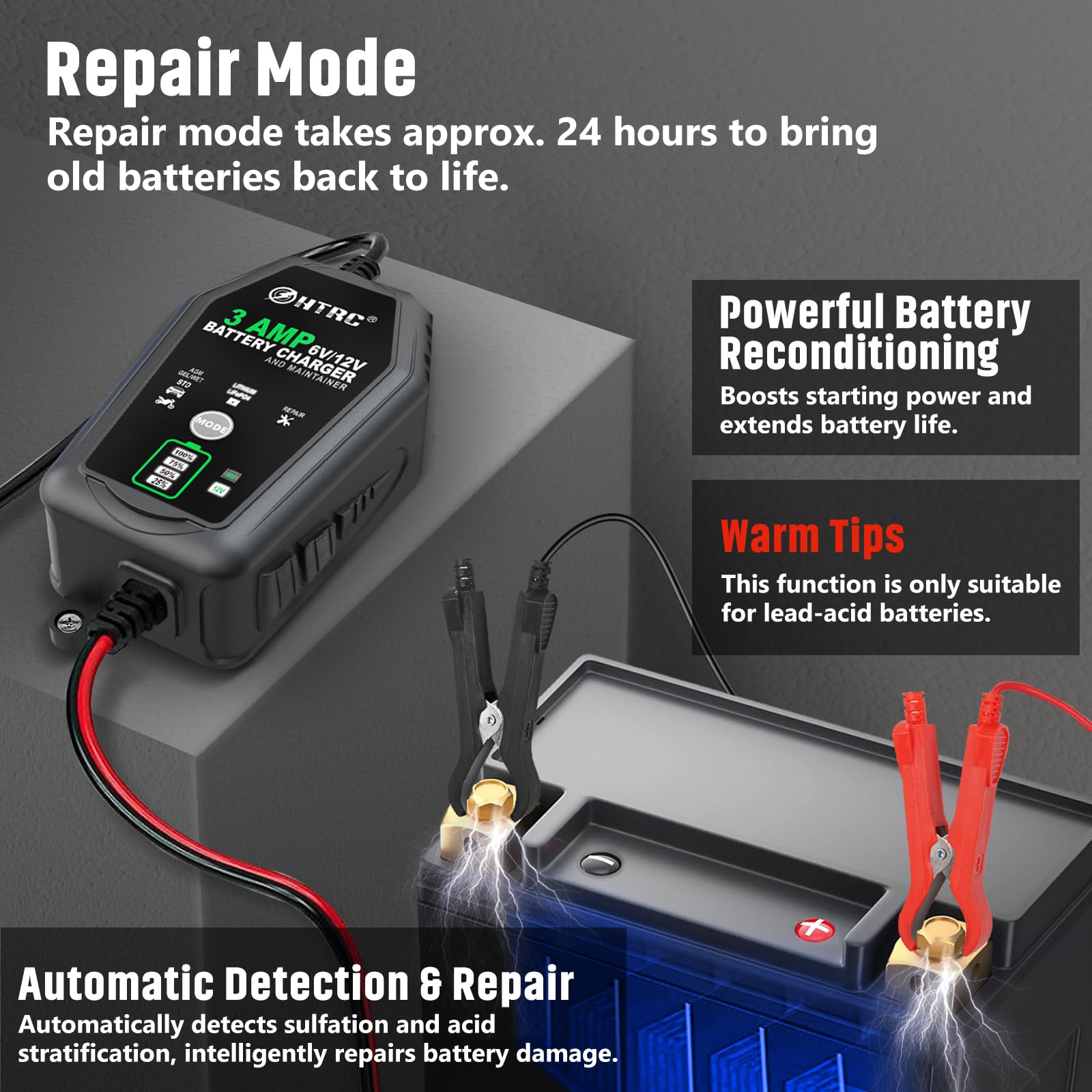 HTRC Cargador de batería inteligente de 3 A de 6 V/12 V, cargador automático de goteo y mantenedor con desulfador, compensación de temperatura, para baterías de coche, motocicleta, plomo-ácido, AGM