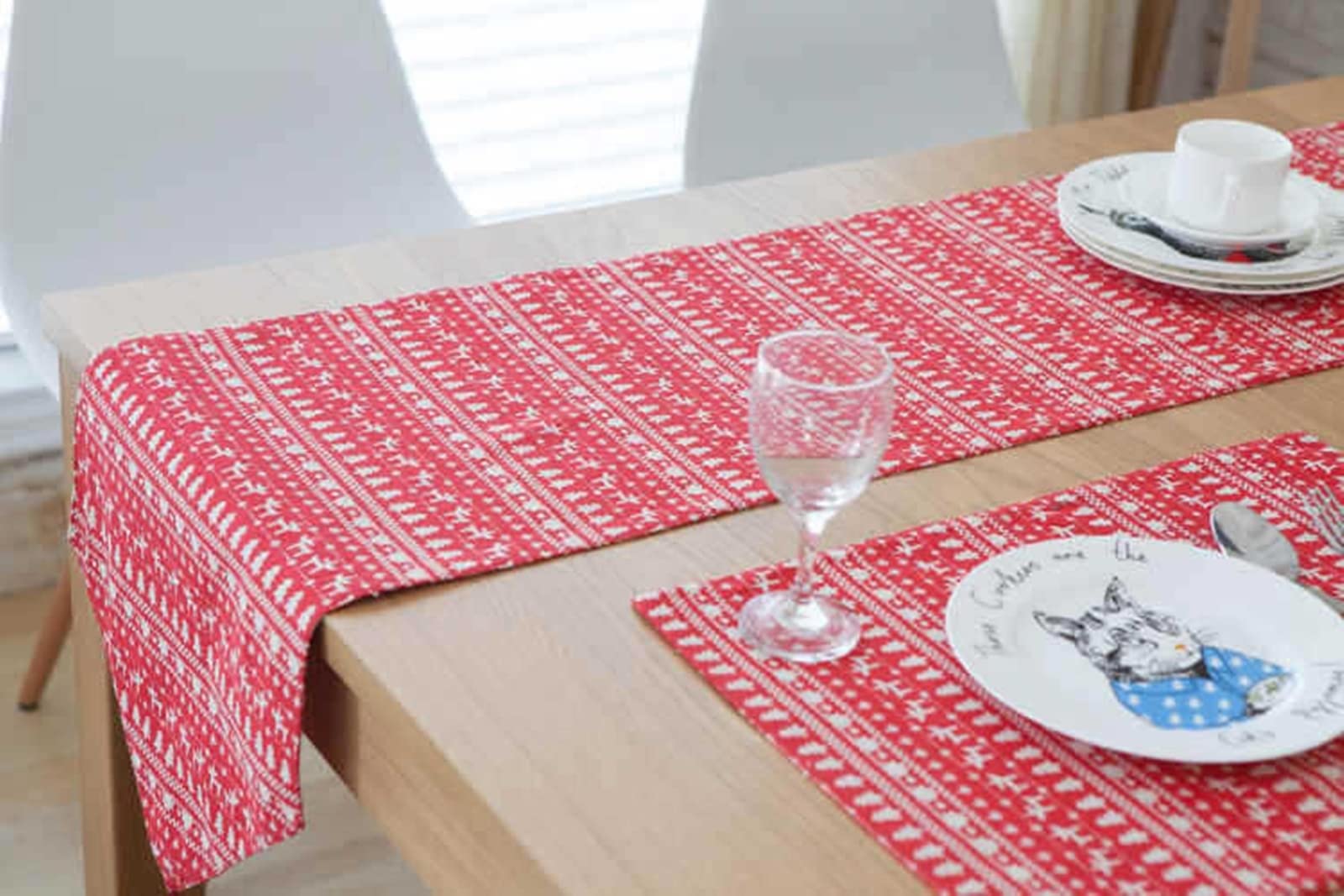 Runner da tavola per compleanno, rosso, piccolo cervo natalizio con nappe, in cotone, 32 x 200 cm