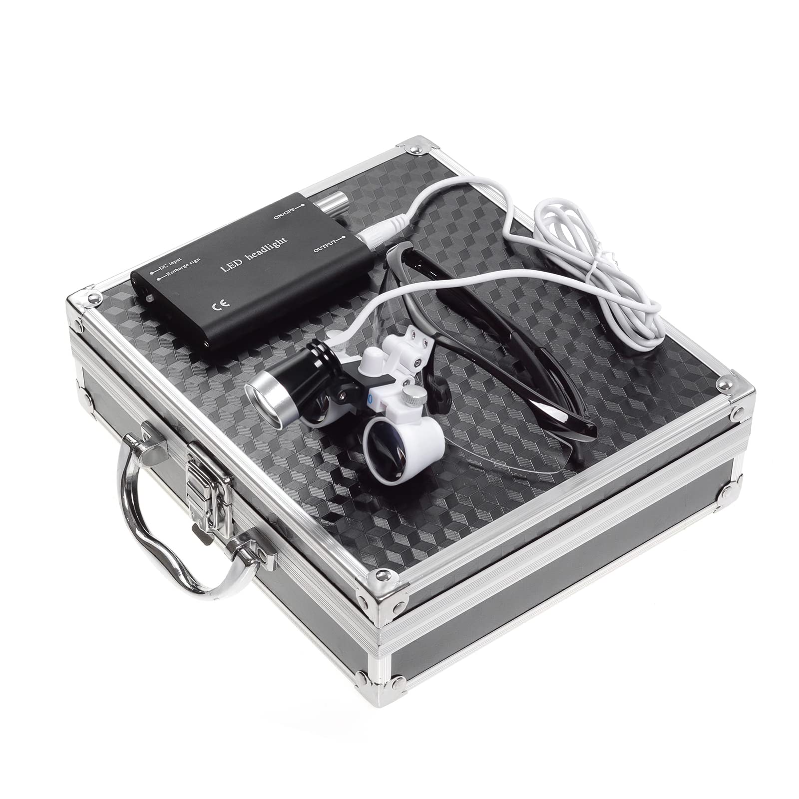 Loupe binoculaire avec lampe frontale LED grossissement 3,5x distance de travail 420 mm boîte aluminium