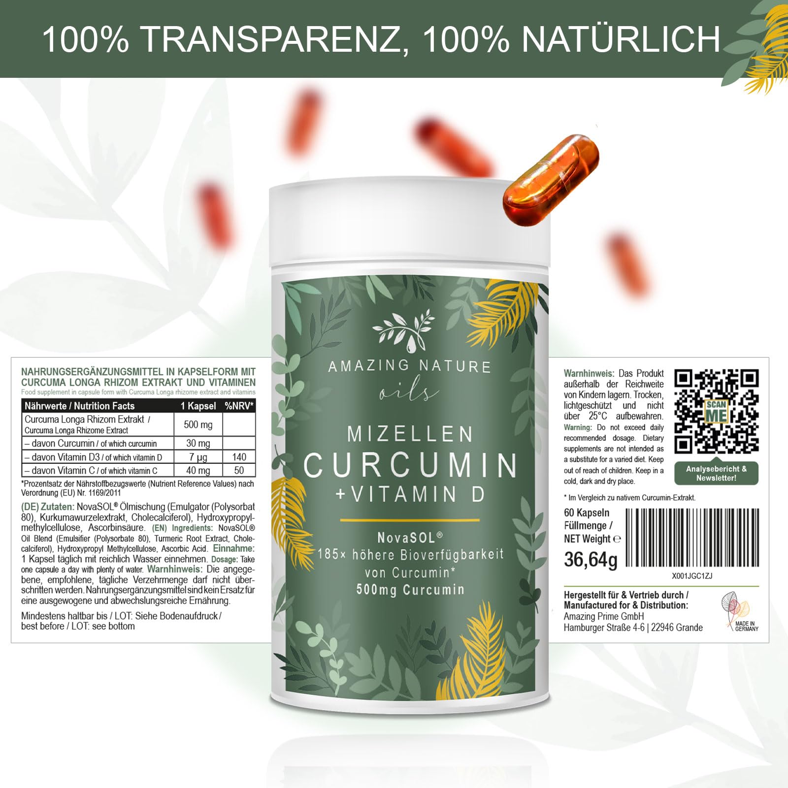 Mizellen Curcuma Kapseln Hochdosiert mit 185x höher verfügbarem NovaSOL Curcumin angereichert mit Vitamin D und C ohne Piperin 1 x 60 Premium Flüssig Kurkuma Kapseln Hochdosiert | 185x Bioverfügbarkeit durch NovaSOL®, ohne Piperin, mit Vitamin D & C für e