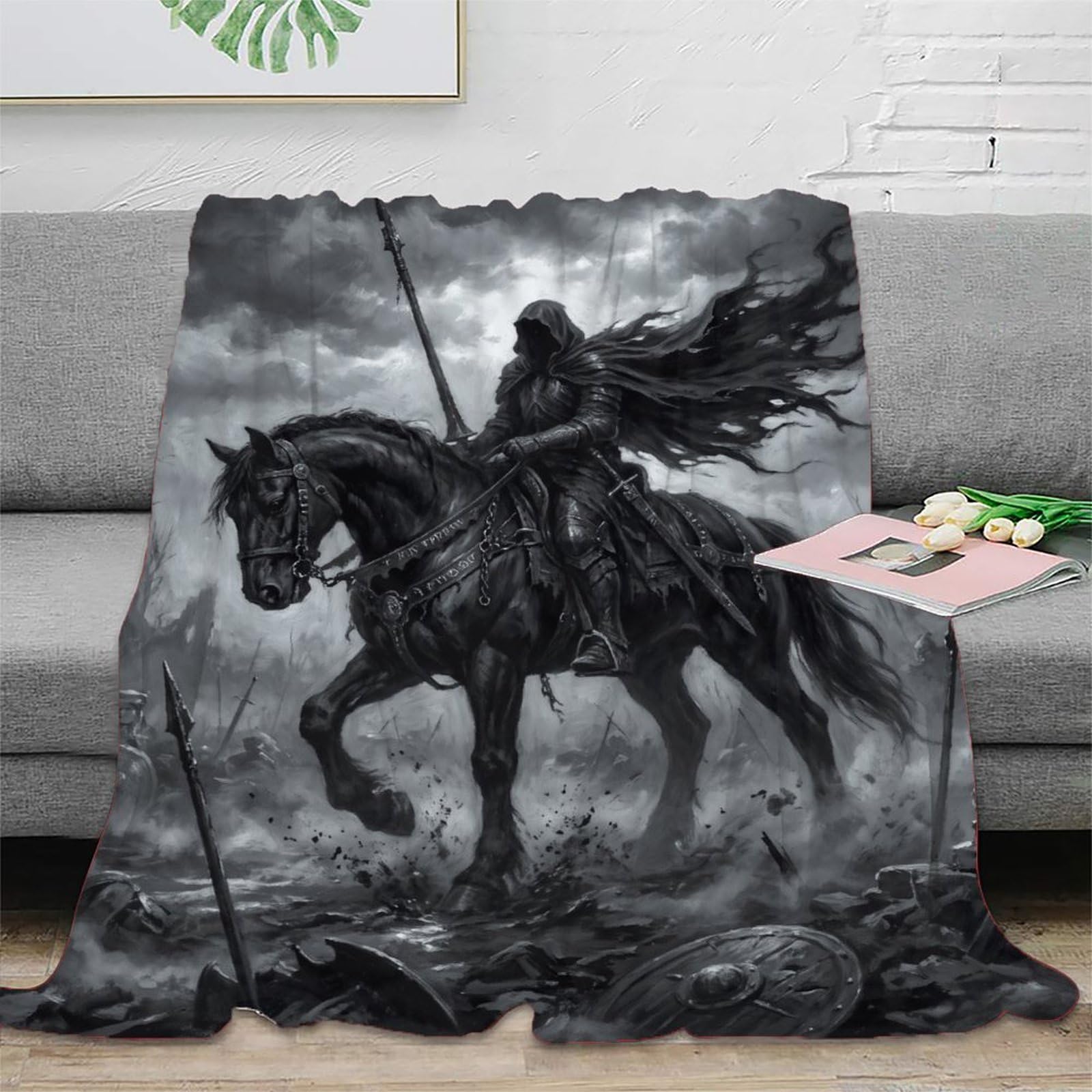H3B8U2Y5 Battlefield Horseman Blanket, Flannel, Bed, Medieval Fantasy Art