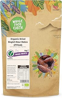 Wholefood Earth Organic Dried Deglet Nour Dates (Pitted) – 1 kg | GMO Free | Raw | Vegan | High Fibre | Certified Organic