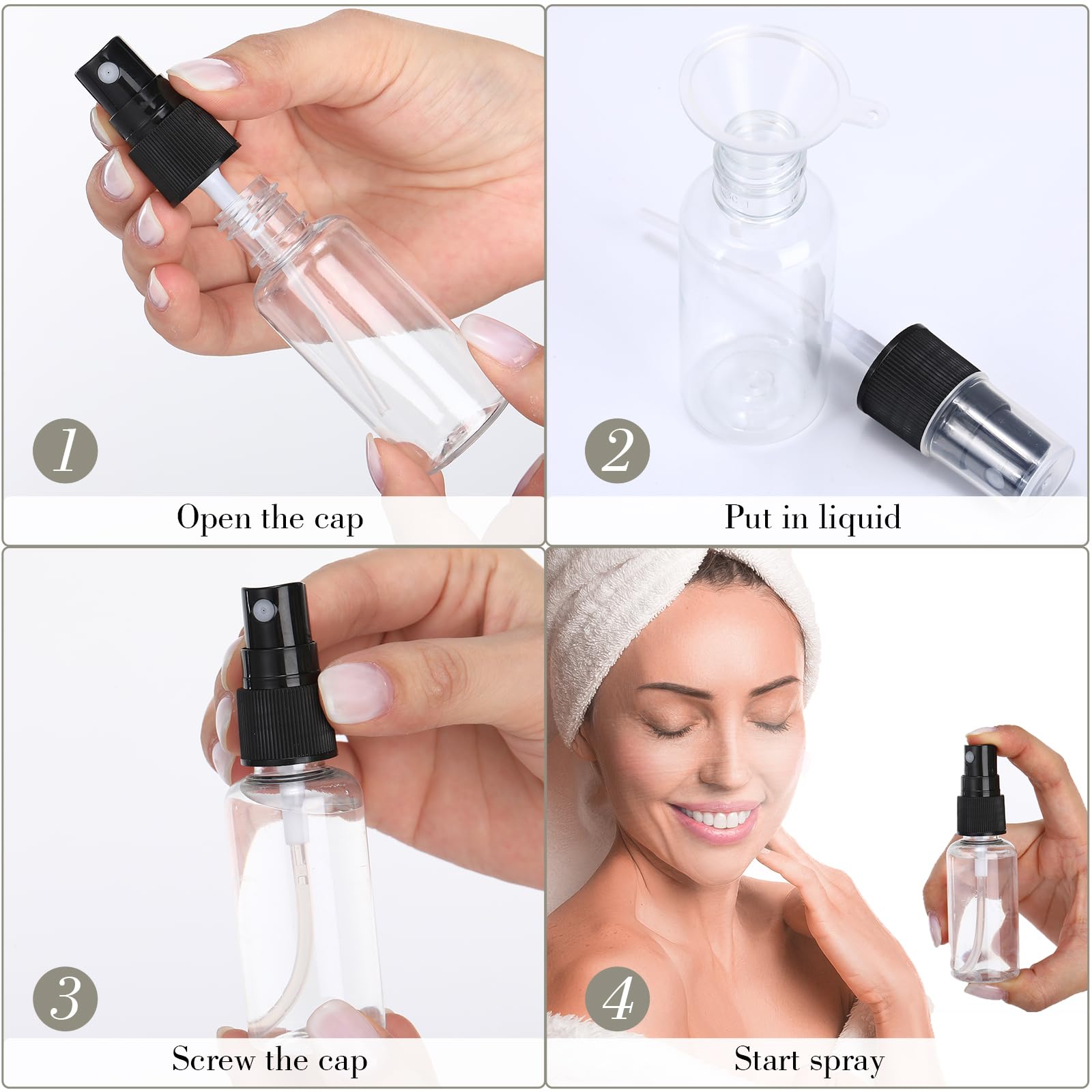 Lot de 100 mini flacons vaporisateurs vides en plastique transparent de 28,3 g avec 5 entonnoirs rechargeables pour parfum, peau, tonique, huiles essentielles