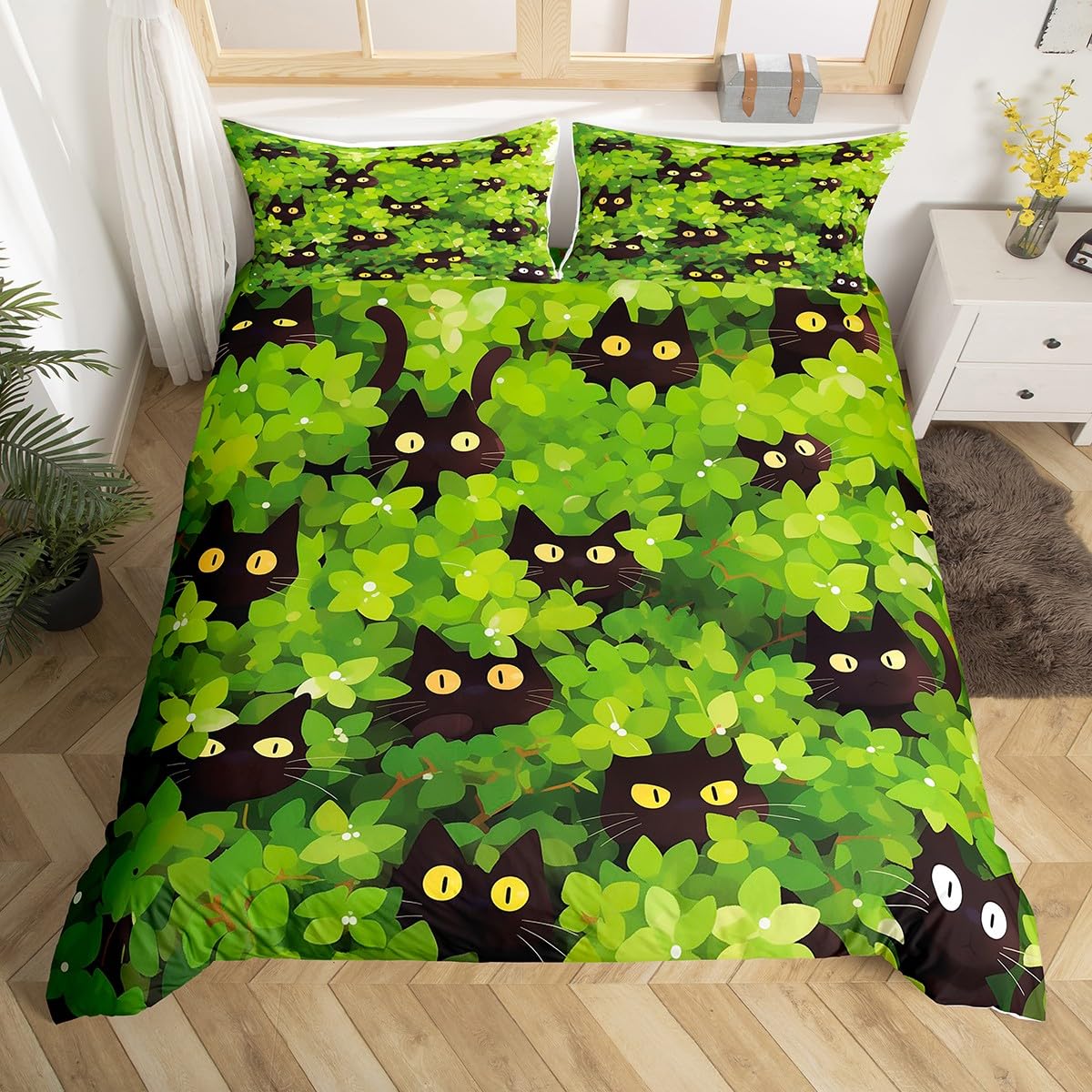 Homemissing Anime Cats Duvet Cover Set Single Size Cats Print Bedding Set for Boys Girls Green Leaves Duvet Cover Cute Animals Bedroom Decor 2Pcs — image 1