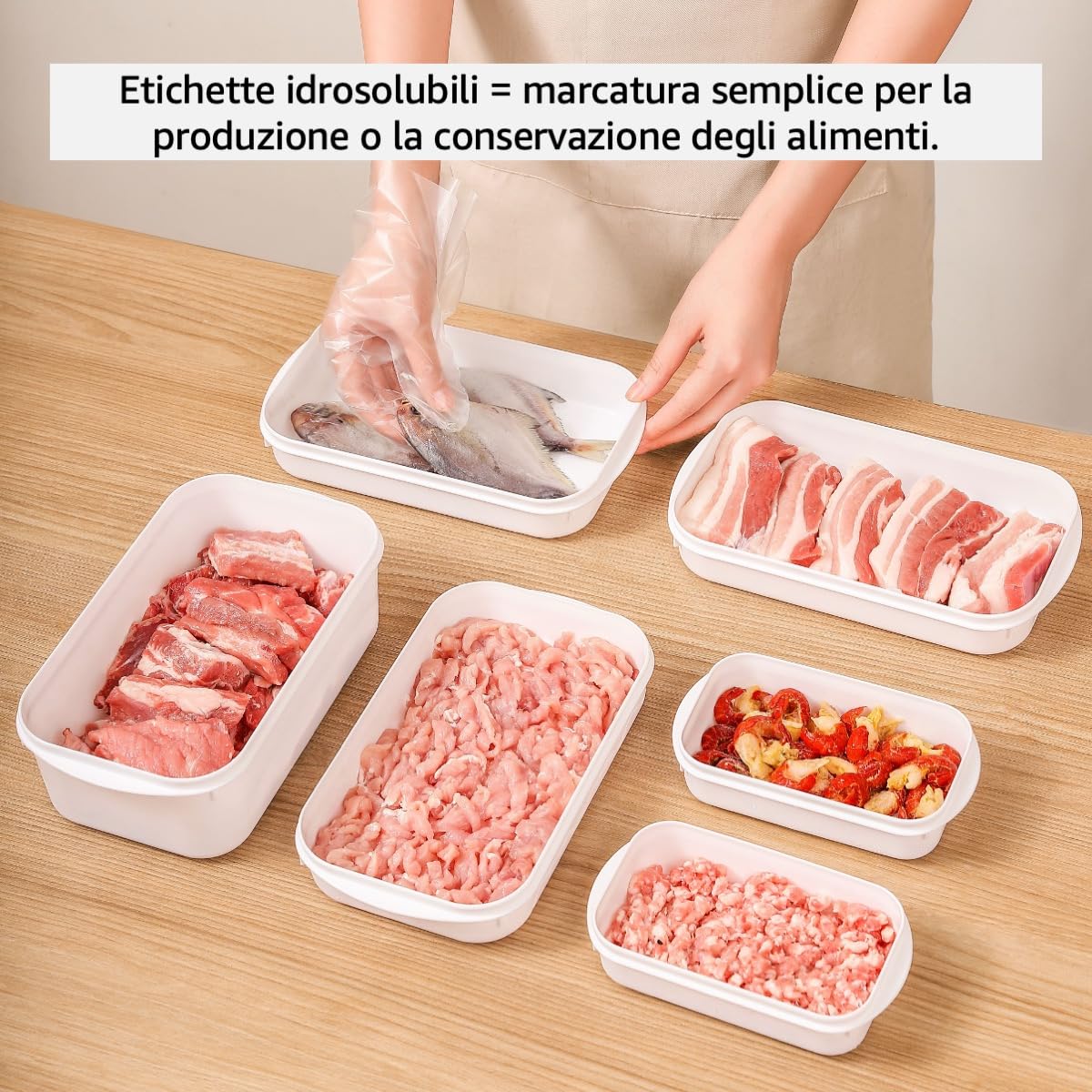 Etichette idrosolubili HACCP. Ideale per gastronomia e grandi cucine. Autoadesive e si staccano senza lasciare residui. 500 etichette su rotolo in un distributore. Dimensioni: 70 x 35 mm