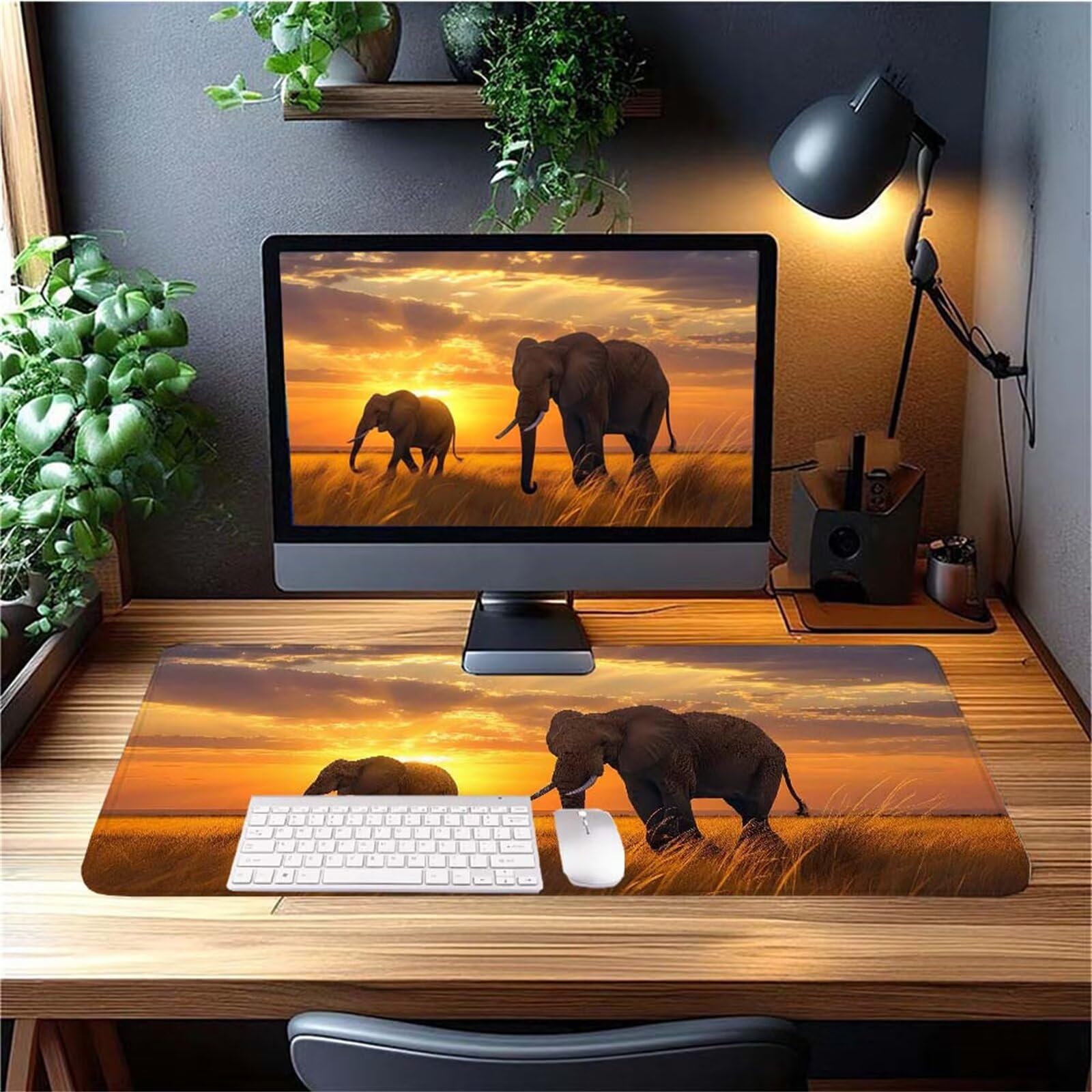 Alfombrilla Ratón Atardecer Elefante Alfombrilla Ratón XXL 1400x600x3mm Mouse Pad Resiste Salpicaduras, Extendida de Gran Tamaño con Bordes Cosidos, Mejora la Precisión y la Velocidad, Regalo y-303