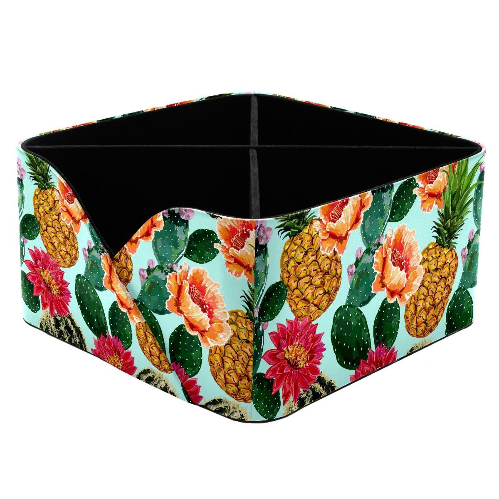 KengjuTesu Floral Tropical Blooming Cactus Succulents Pineapple Desktop Organizer Pen Holder, Rectangular Pencil Cup for Office, Study and Makeup Stations