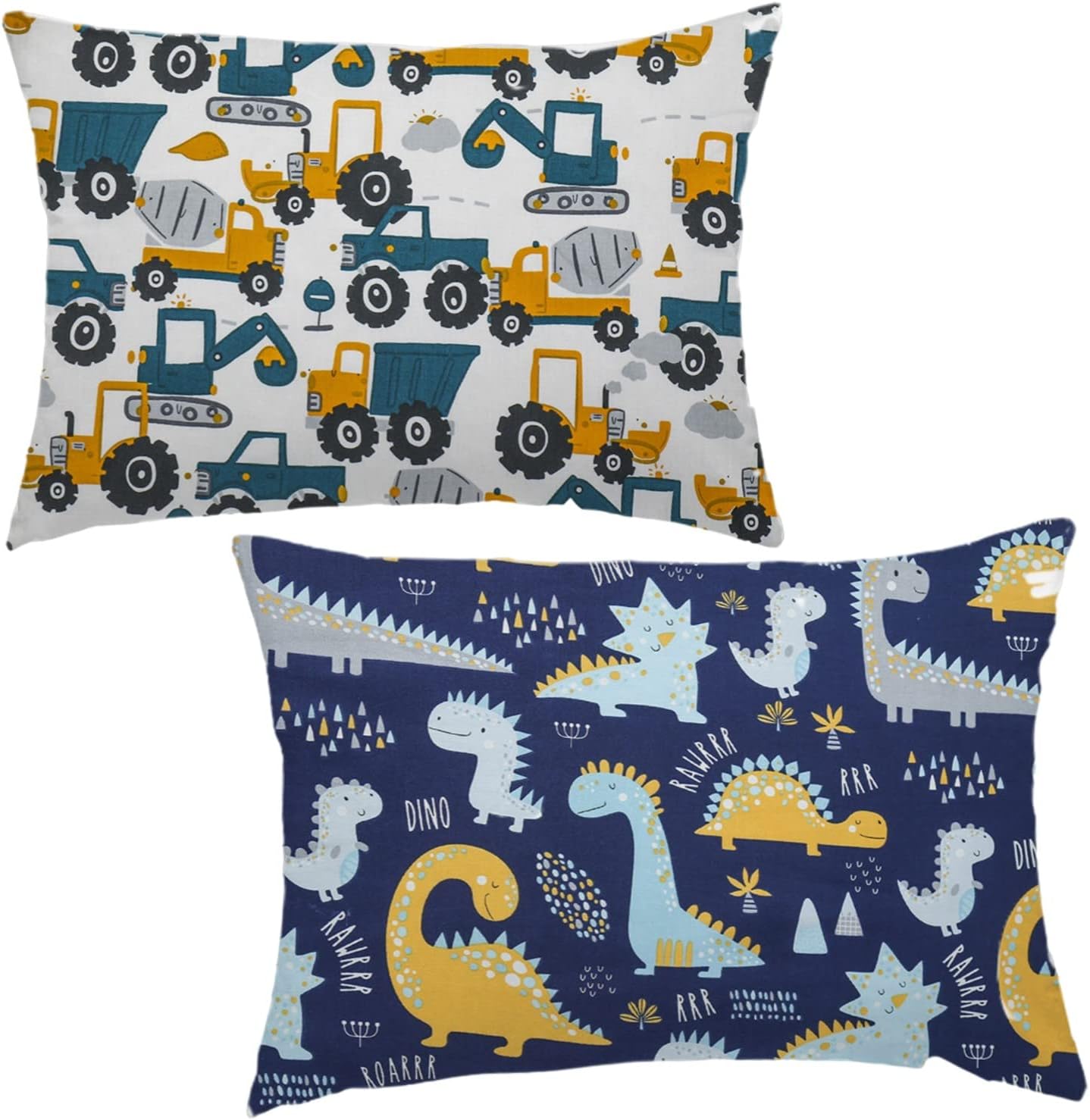 Baby Toddler Pillowcase, 2 Pack 100% Soft Cotton Cot Bed Pillow Pair Cases for Boys Girls Bedding, Kids Pillow Covers 40 x 60cm, Travel Small Pillow Pillowcase with Envelope Closure (Dinosaur+Tractor)