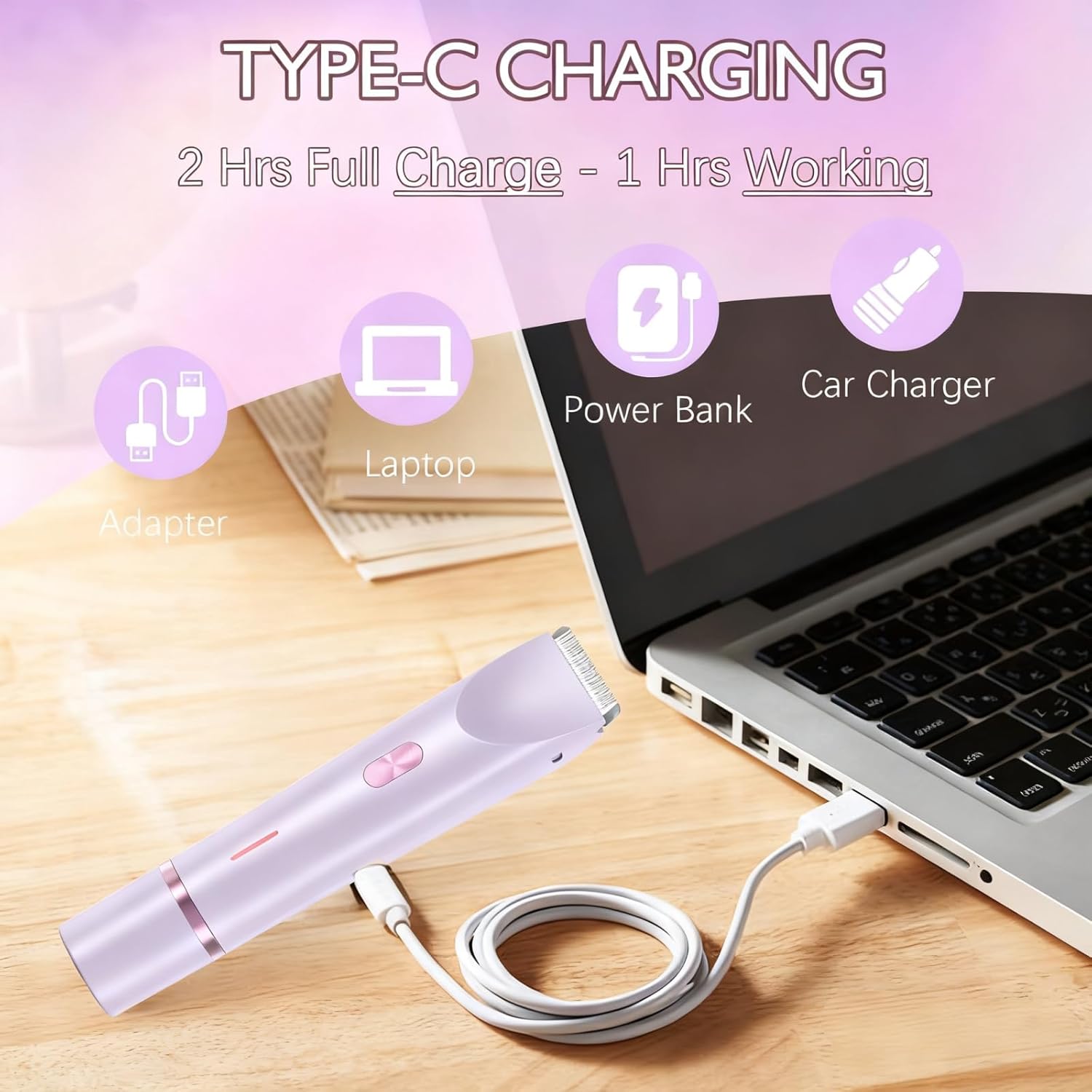 Bikini Trimmer for Women, 2 in 1 Dual-Head Electric Shaver for Women Pubic Hair, Waterproof Wet/Dry Use Body Hair Trimmer and Face Razors, Rechargeable Hair Removal for Bikini Legs Face Underarm Arm - Image 6