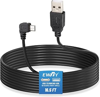 EWAY Dash Cam Mircro USB Power Cord 16.5ft, USB 2.0 A to Micro-B Right Angle 90 Degree Replacement Power Supply Cable Car Charger Adapter Charging Connector for Dashcam Recorder Recording Camera