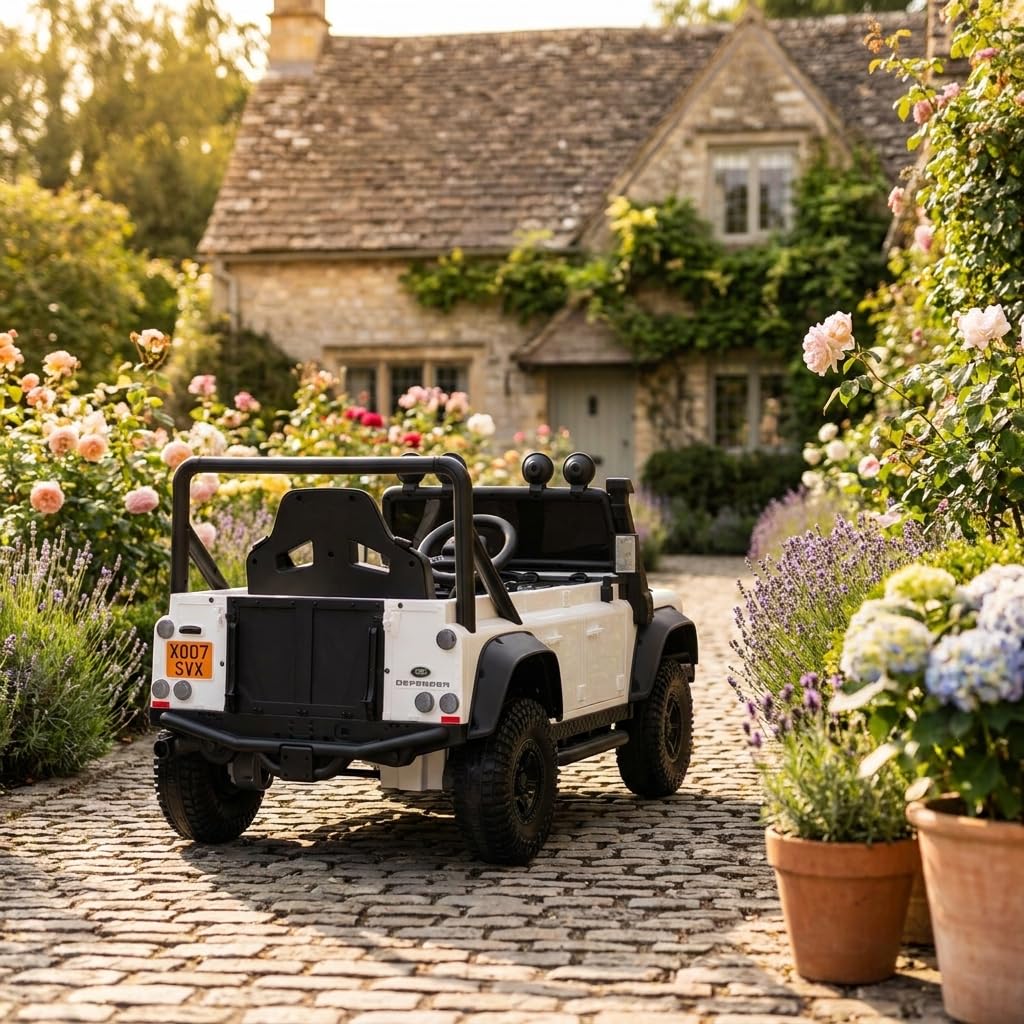 4x4 électrique enfants 12V Land Rover Defender 110 SVX, Blanche, transmission, batterie lithium, voiture électrique enfants télécommande 2,4 GHz, USB/Aux/Bluetooth, phares LED, 3-7 ans, 4x 25 W moteur