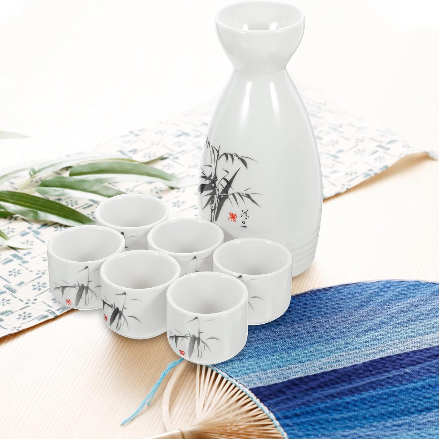 Japanese Style Ceramic Sake with Flagon and Round Cups Lightweight Wine Serving Pot for Home Restaurant Tea House Dishwasher Safe
