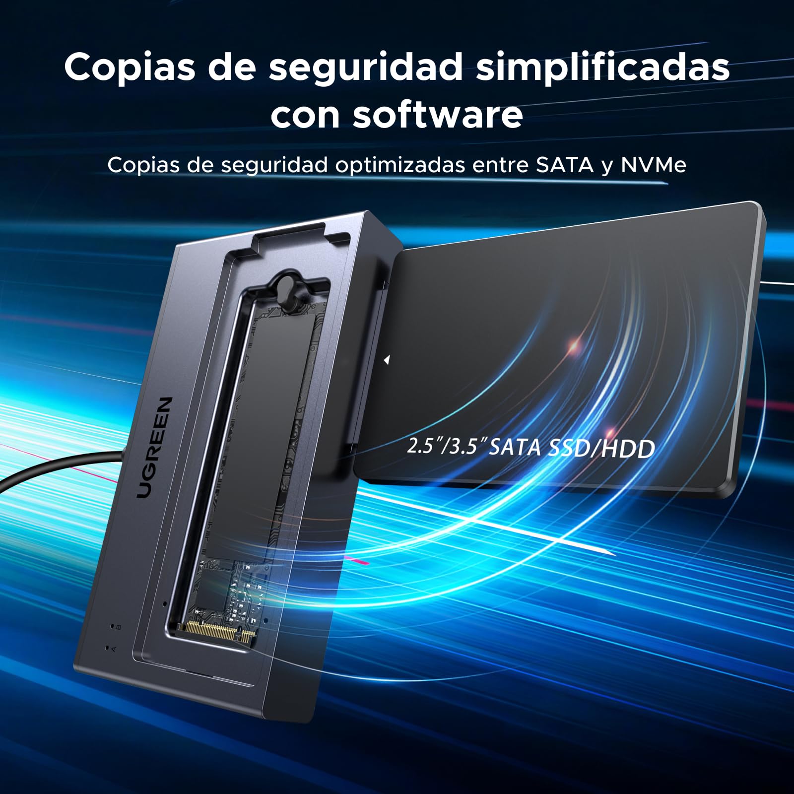 UGREEN Adaptador USB 3.2 de 10 Gbps M.2 NVMe y SATA | Compatible con SSD NVMe M.2 y HDD SSD SATA de 2,5"3,5" Base de Conexión para Disco Duro Sin Herramientas Windows MacOS Linux