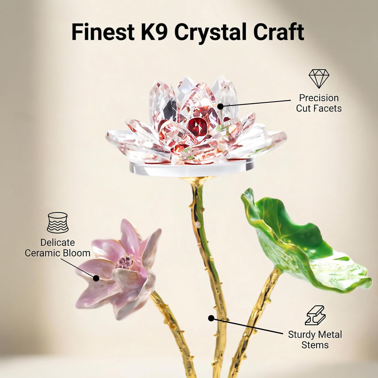 Crystal Lotus Flower Figurine with Vase - Handmade Glass Lotus Flower Home Decor, Good Luck Gifts for Women on Christmas Day Mother's Day Wedding Party Valentine's Day Wedding(Red)
