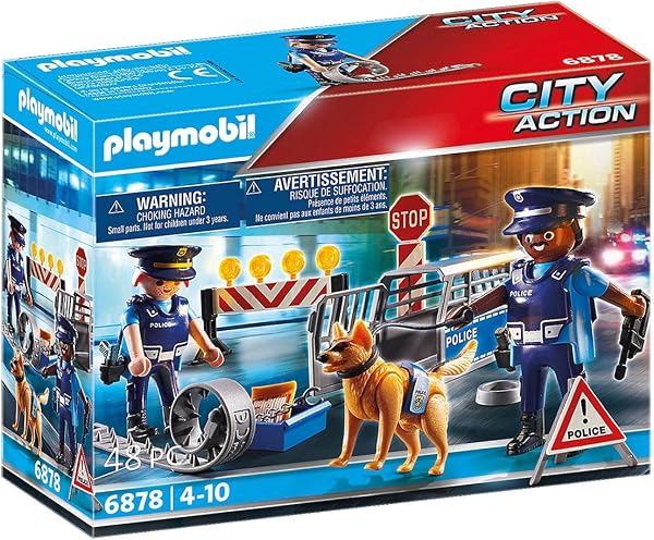 Playmobil 6878 Barrage de Police - City Action - Comprend Deux policiers avec Leur équipement, Un Chien, Une Cage, Trois plots et des Accessoires - Dès 4 Ans
