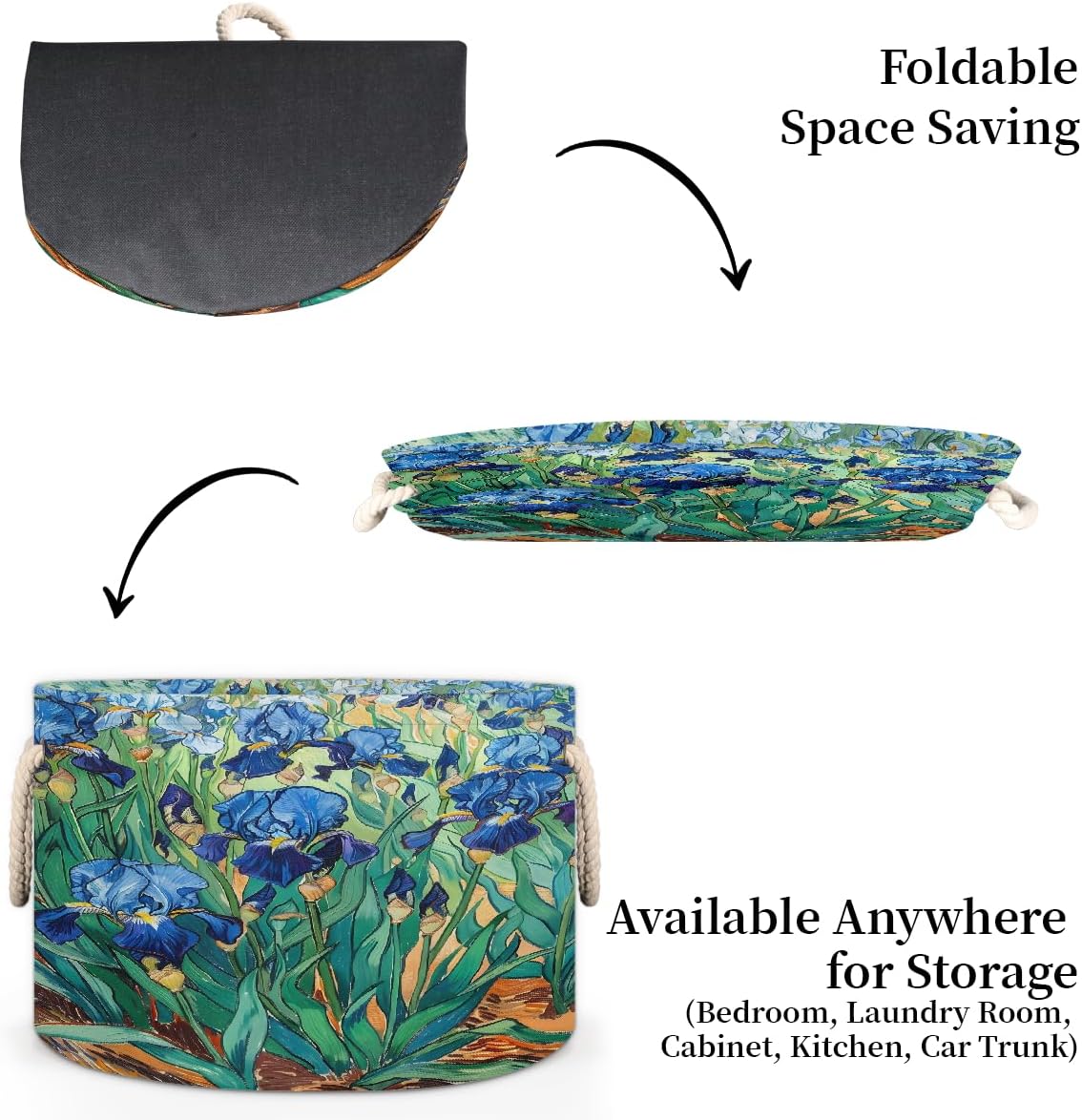 Large Round Laundry Basket Flower Blue Iris Toy Bins Organizers and Storage for Girls Canvas Collapsible Blanket Storage Basket Laundry Hamper Gift Baskets Bedroom Clothes Children Nursery