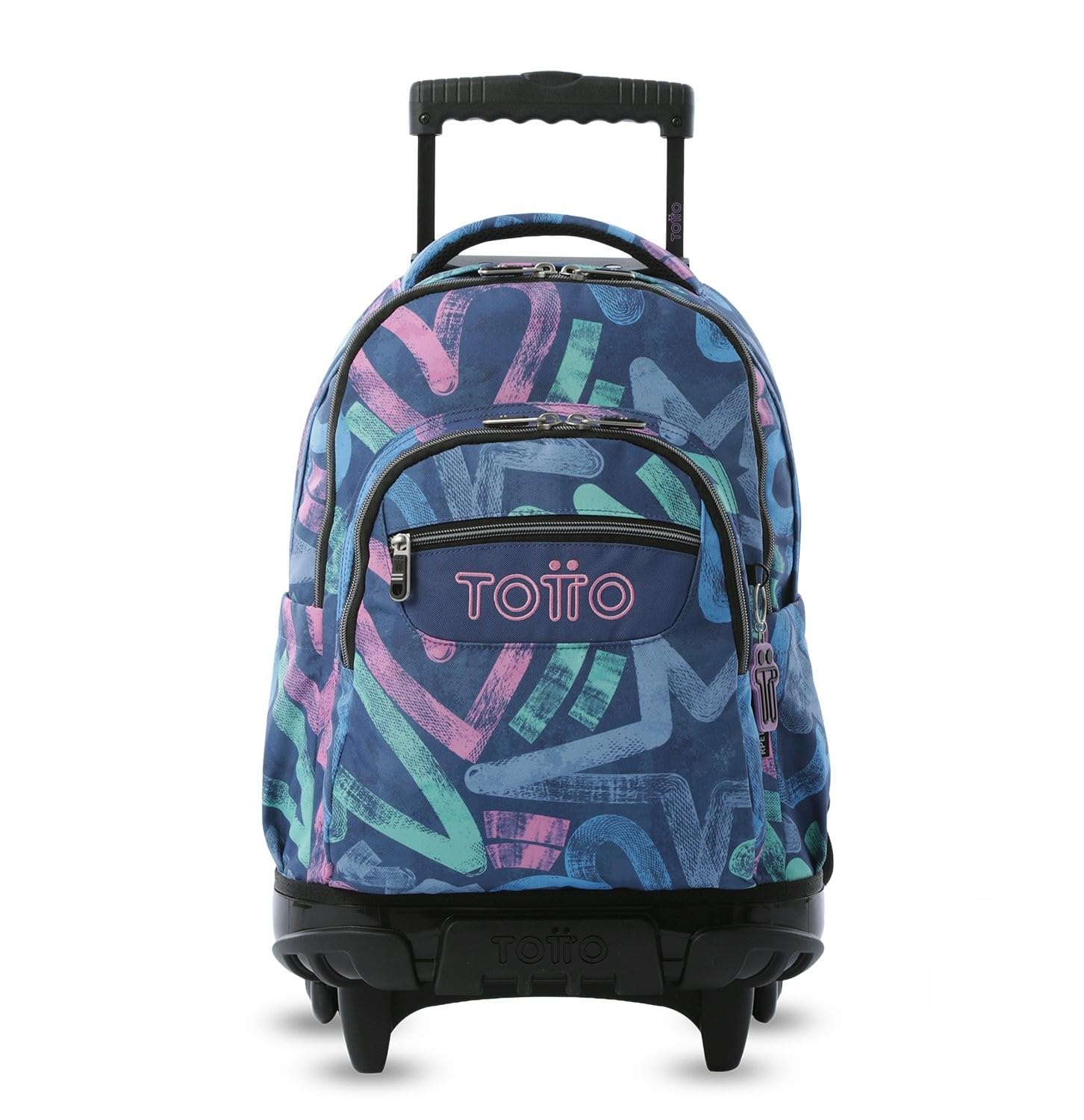 TOTTO - Mochila Escolar con Ruedas, Modelo Renglones, Capacidad 26,21 Litros, Bolsillo para PC 14", Bolsillo Botella, Correas en S para Mayor Comodidad, Resistente, Estampado Roomin Azul