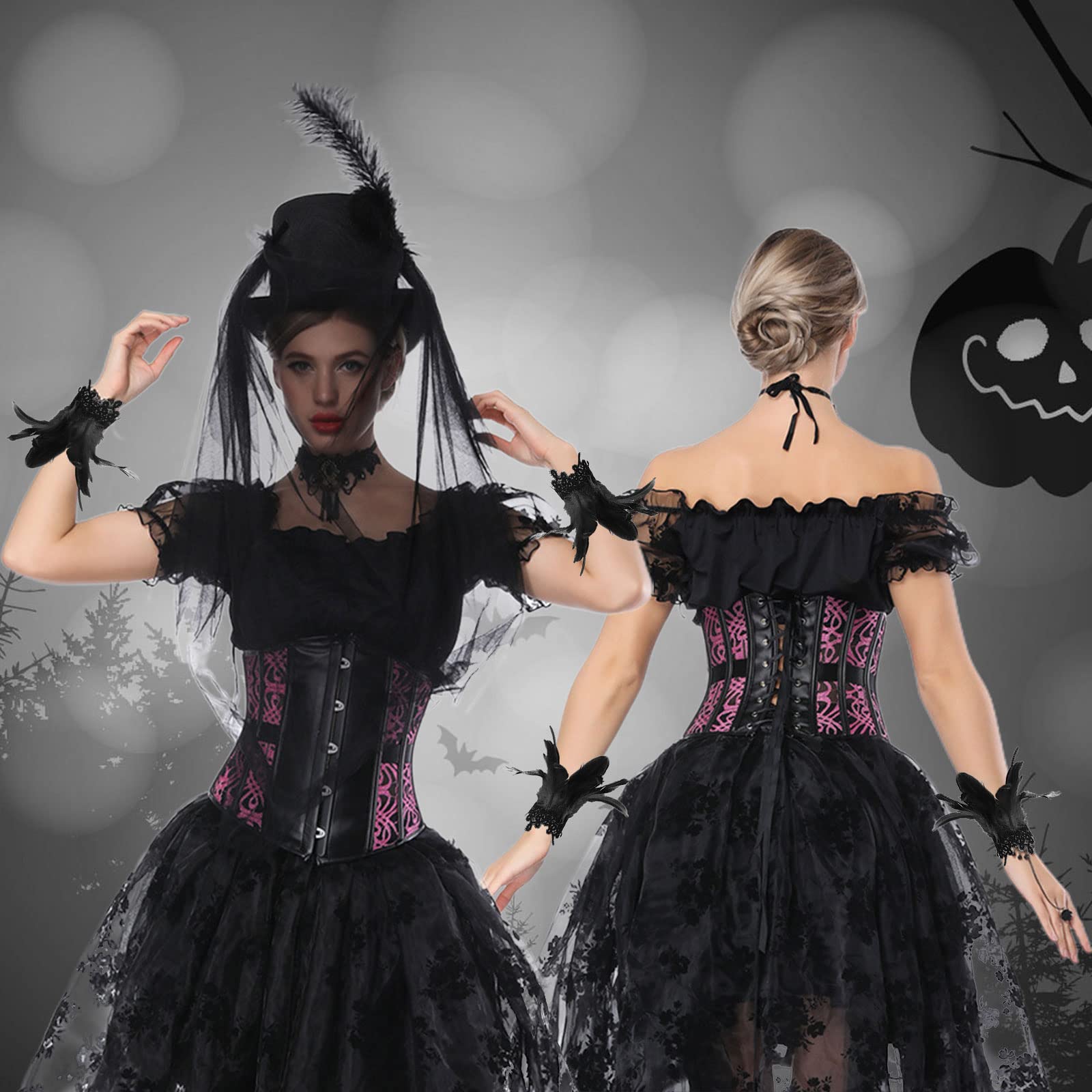 Polsini Con Piume Nere Per Costumi - Set Per Feste, Halloween, Matrimoni, Regolabili - Foto 9