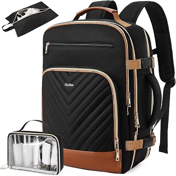 Telena Travel Backpack for Women, 17.3 inch Laptop TSA Carry On Personal Item Size Flight Approved Travel Bag Daypack with Multi-Pockets for Work, Travel, Business, Black-Brown