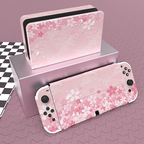 playvital Full Set Protective Stickers for Nintendo Switch OLED Model, Customized Vinyl Decal Skins for Switch OLED Console & Joycon & Dock & Grip - Cherry Blossoms Petals - 2