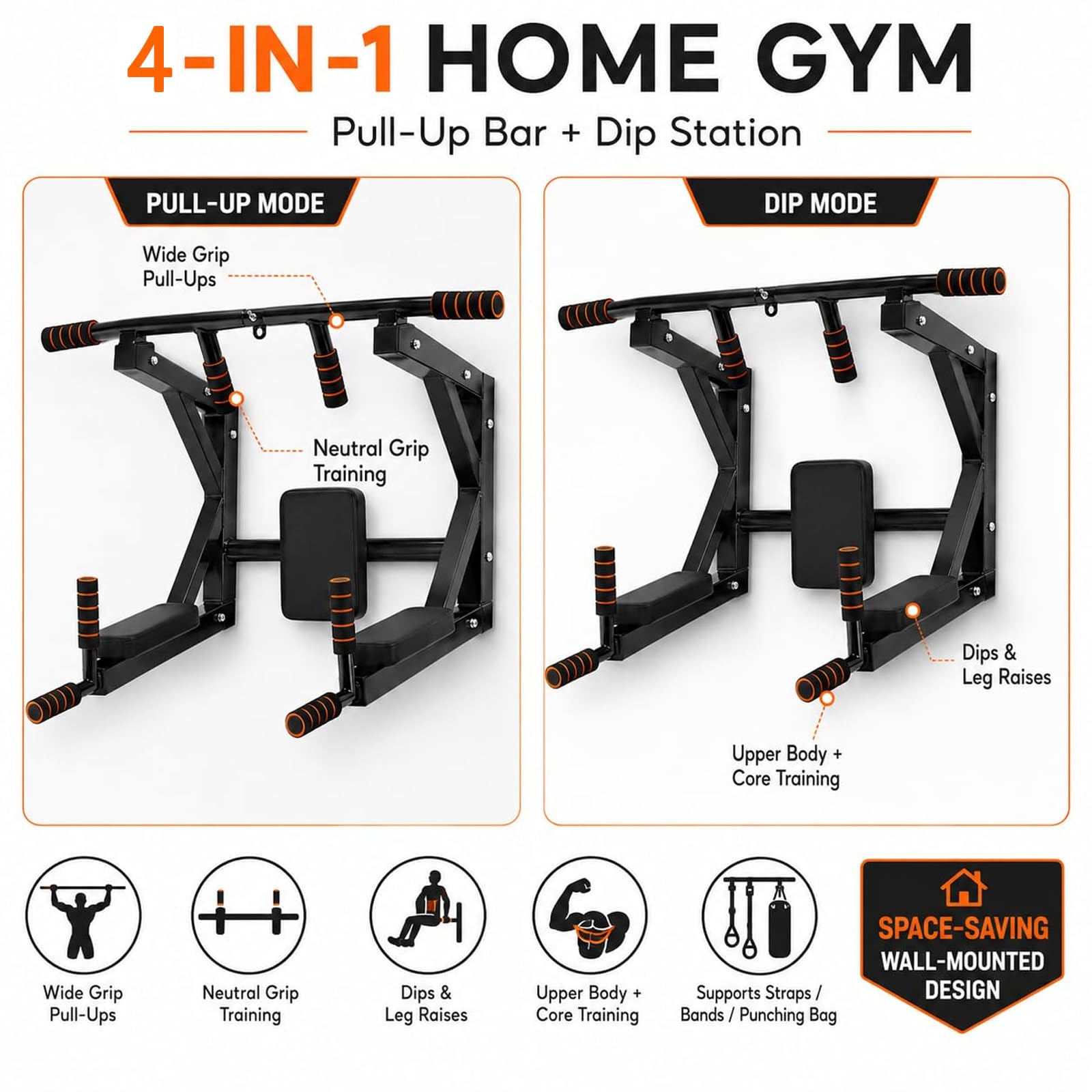 Barra de tracción 4 en 1 para montaje en pared, aptitud para montaje en pared, soporte de pared, estación de dip para gimnasio en interior en casa, asas antideslizantes, Max 200 kg, negro