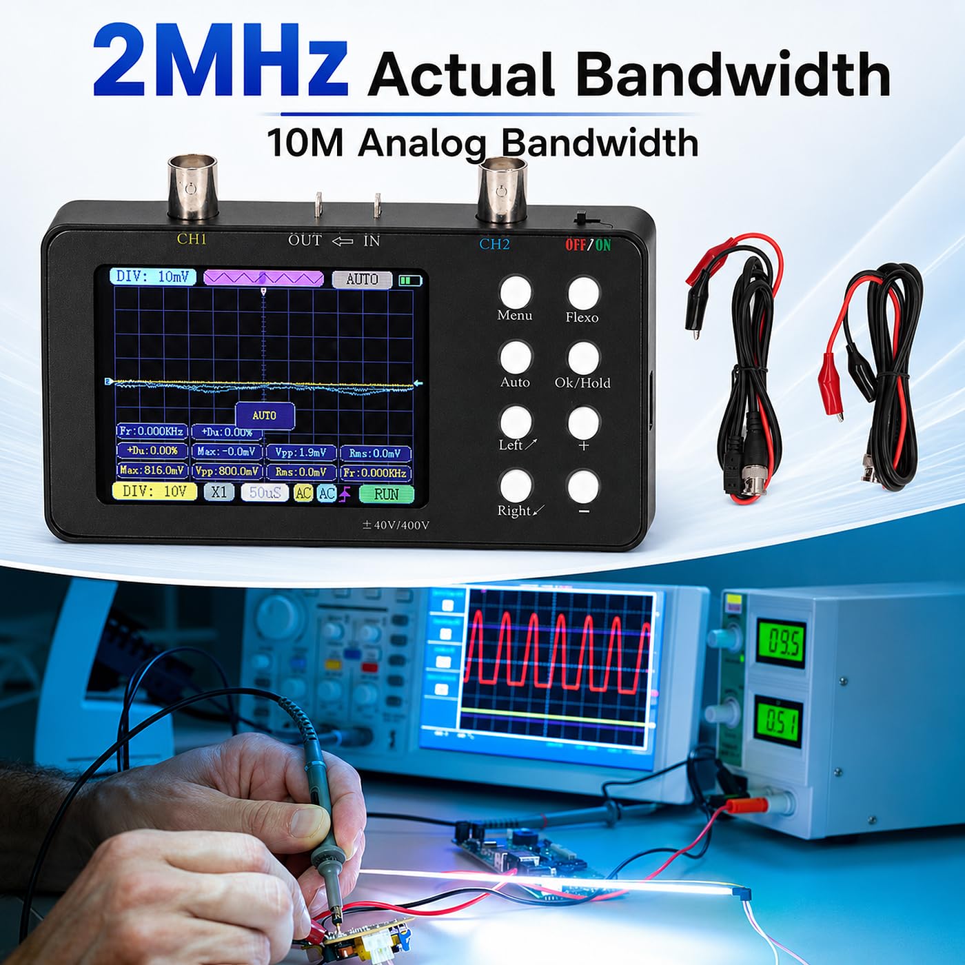 Fyearfly Zweikanal-Oszilloskop, Digitales Oszilloskop-Multimeter 2-Kanal-Tragbarer Signalgenerator 2Mhz Bandbreite Mit LCD-Hintergrundbeleuchtung + Krokodilklemme