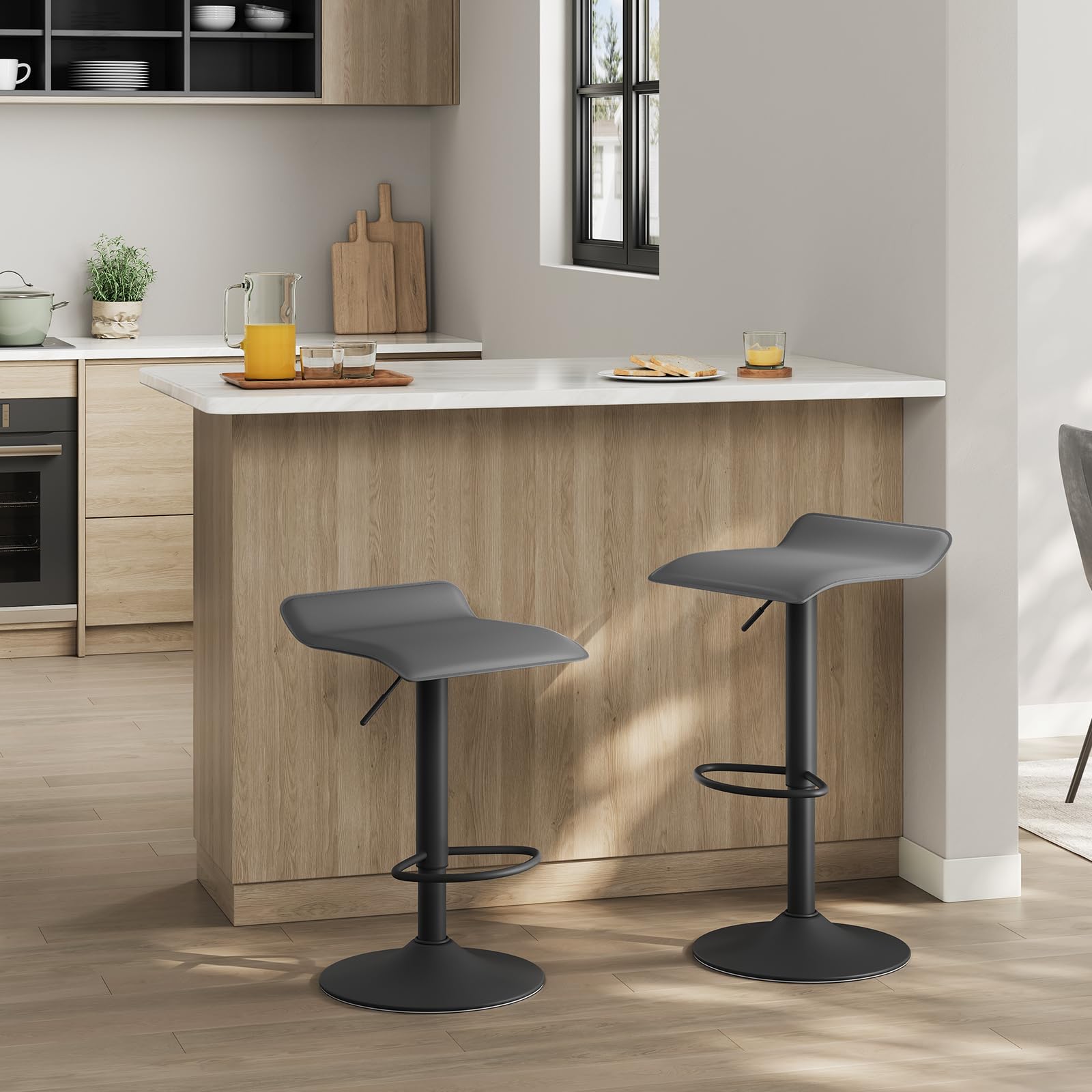WOLTU Sgabello Cucina, Regolabile in Altezza, PVC, Grigio | Sgabello da Bar Colazione, con Poggiapiedi, Regolabile in Altezza, Sgabelli Girevole, per Cucina Caffè Banco, in Metallo