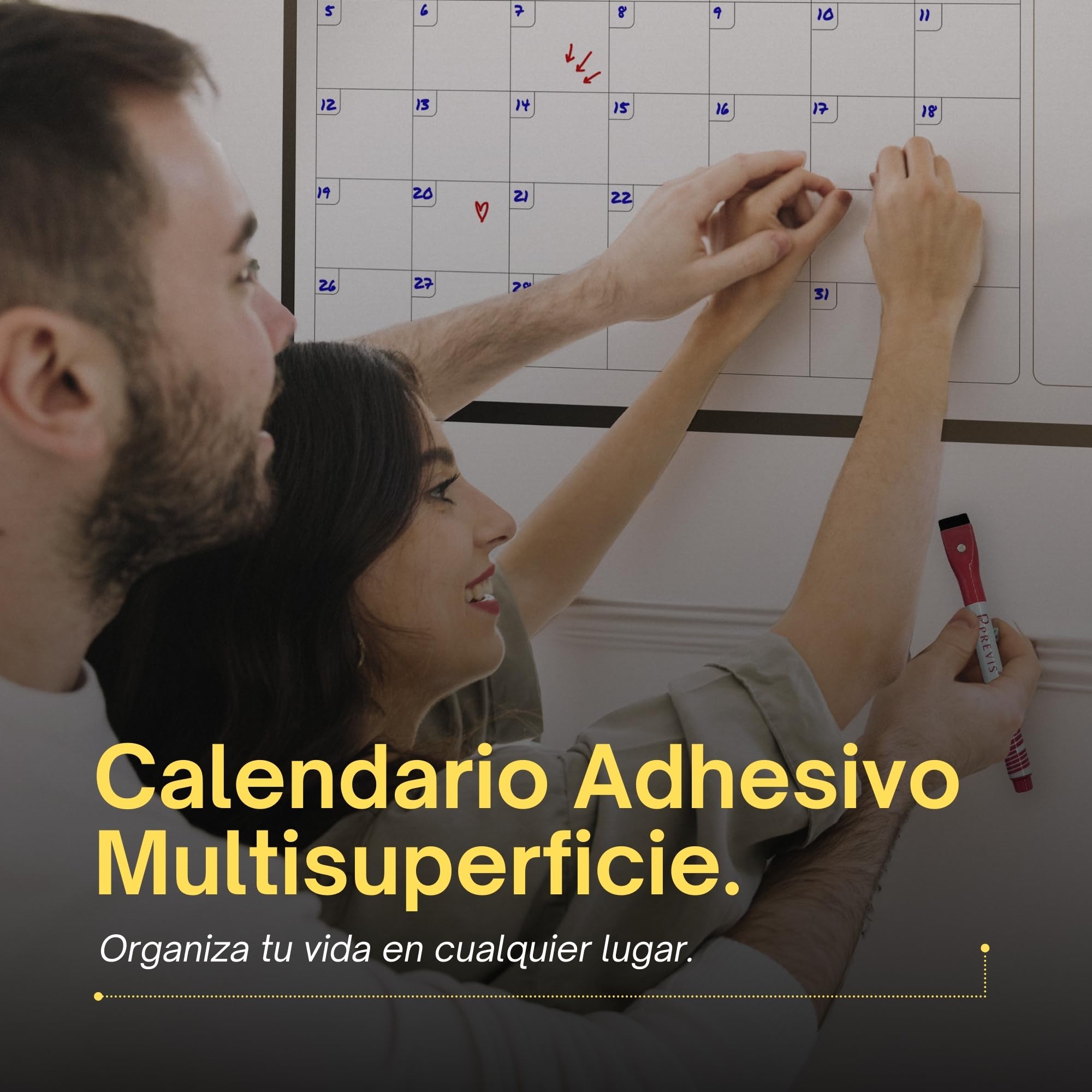 PREVIS Pizarra Calendario Pared Adhesivo A2 60x40cm con 3 Rotuladores - Planificador Mensual Cocina, Escritorio, Habitación, Oficina - Wall Calendar 2026 Planner