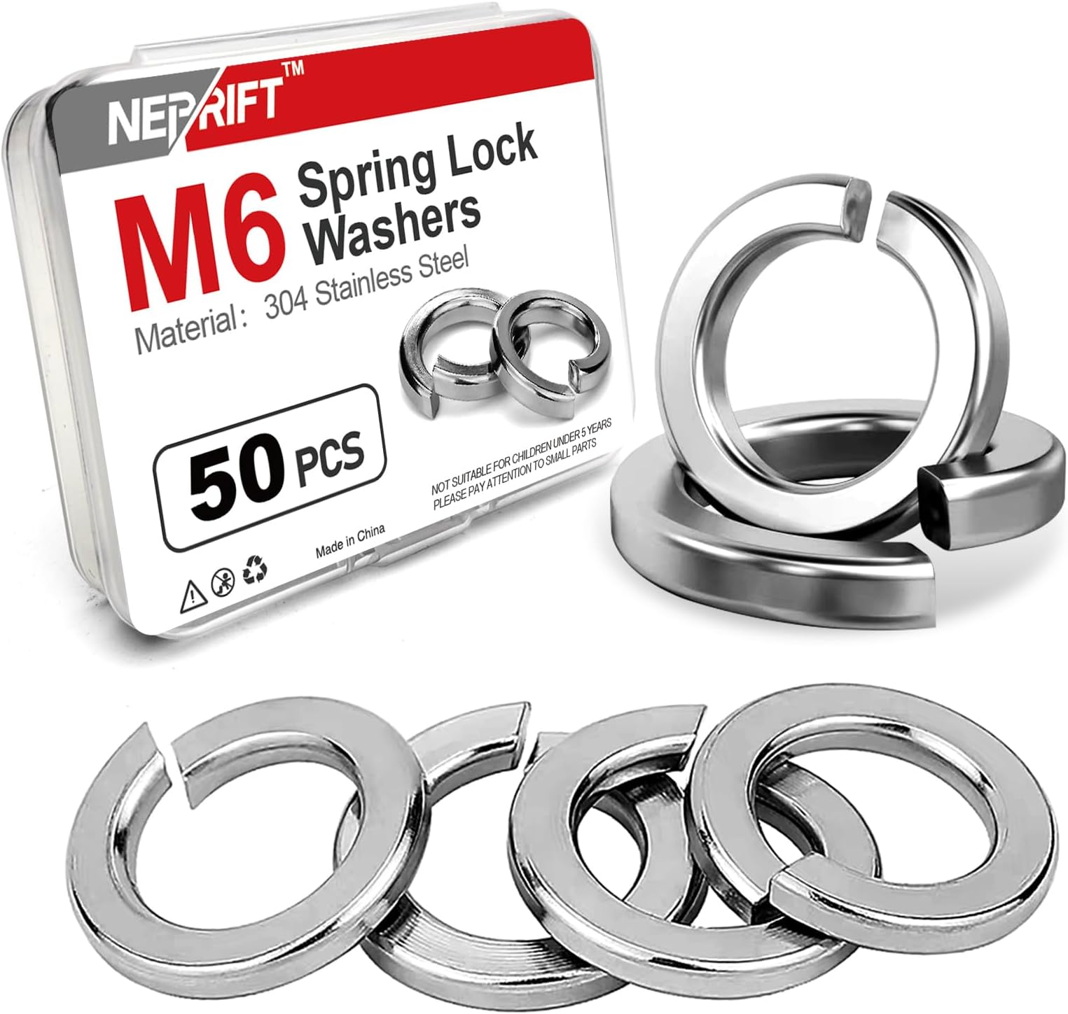 M6 Spring Lock Washers, 304 Stainless Steel Split, Silver Elastic Gaskets Lock washers for Bolts, Nuts & Screws, 50PCS