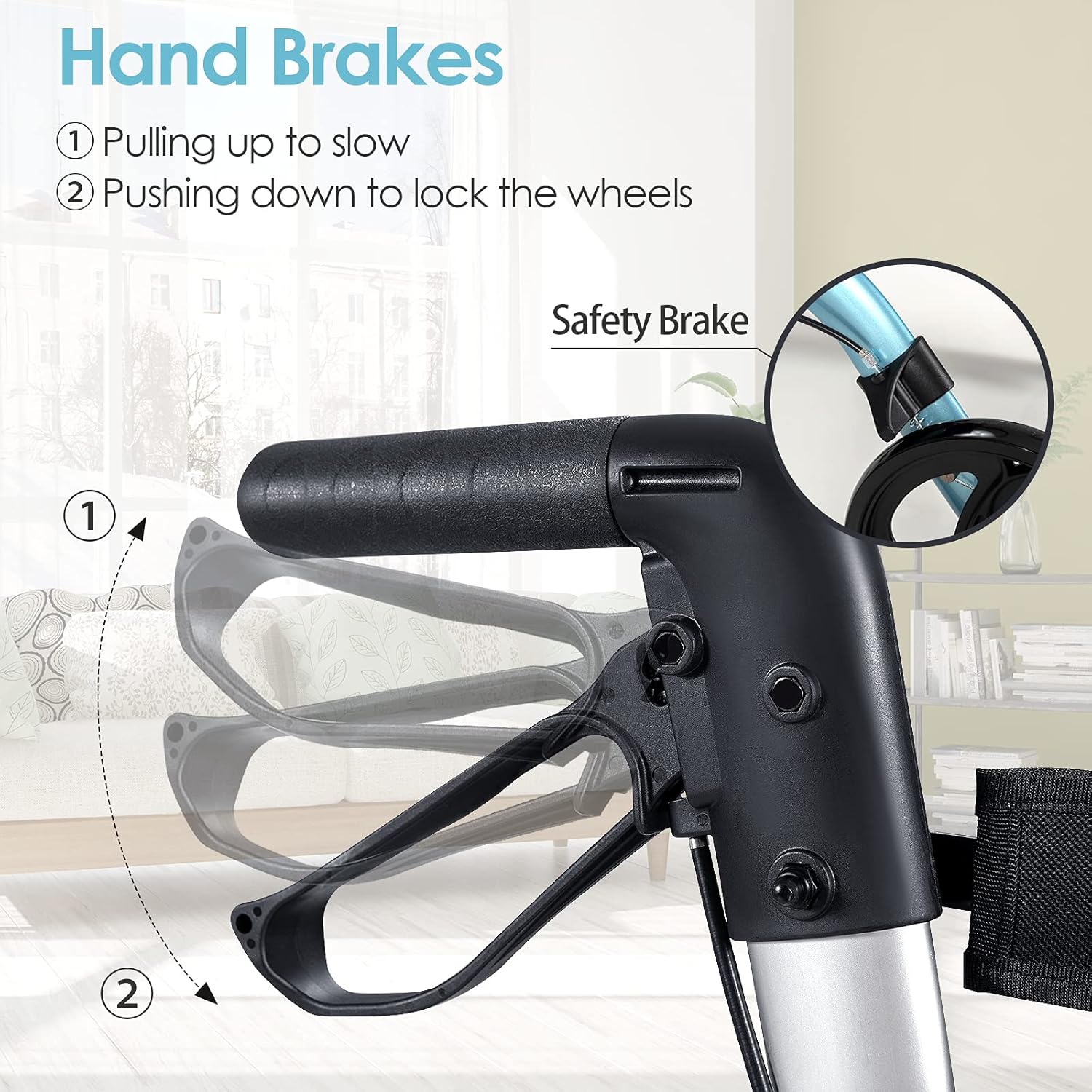 Image demonstrating the hand brake operation for slowing down and locking the wheels.