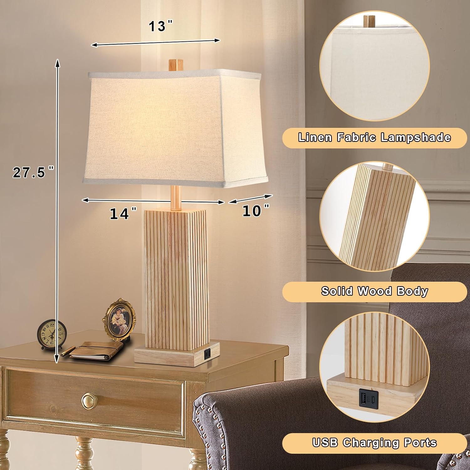 27.5" Wood Table Lamps Set of 2, Modern Farmhouse Bedroom Lamp for Nightstand with USB Charging Port, Natural Wooden Base Table Lamp for Living Room Bedroom, Bulbs Included (Natural Wood)