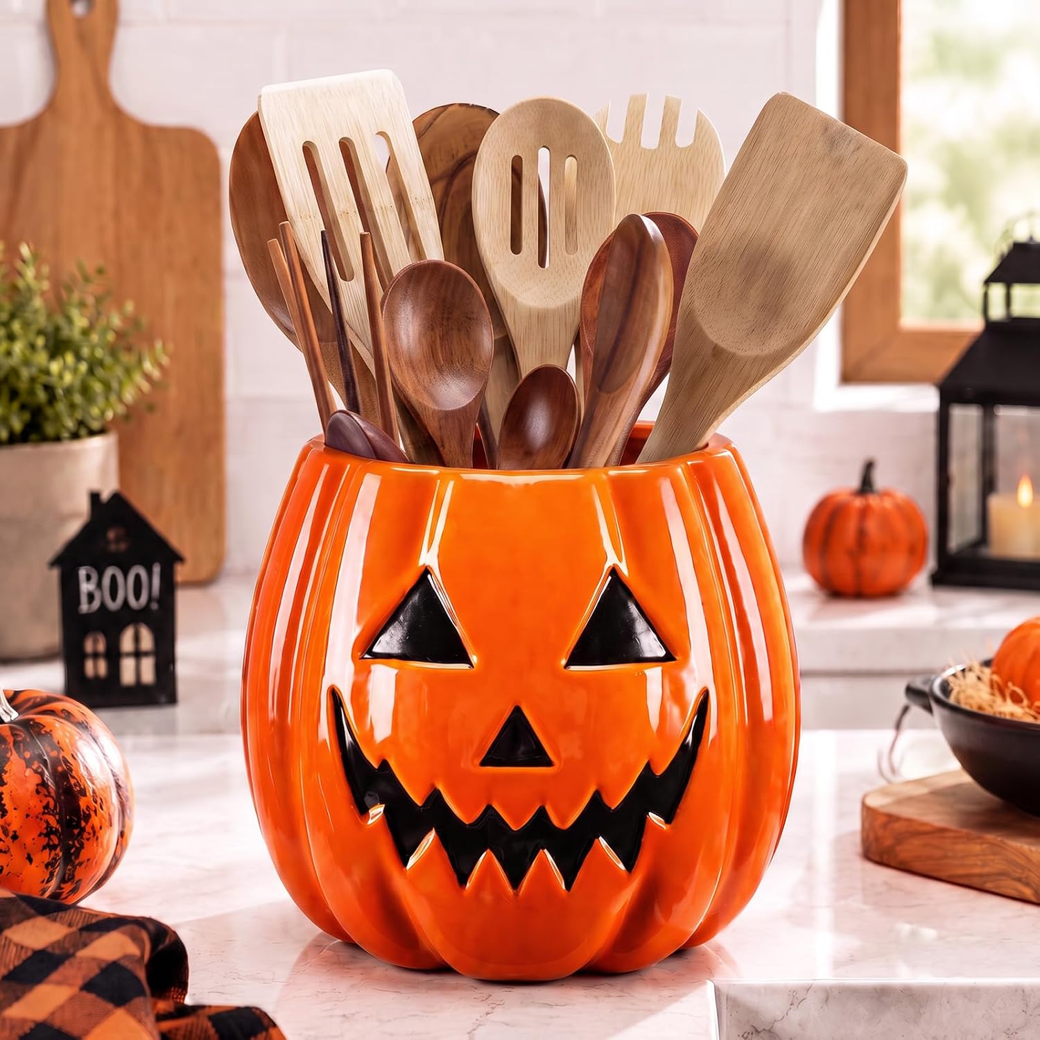 Moutina Ceramic Pumpkin Utensil Holder, Halloween Kitchen Decor Crock
