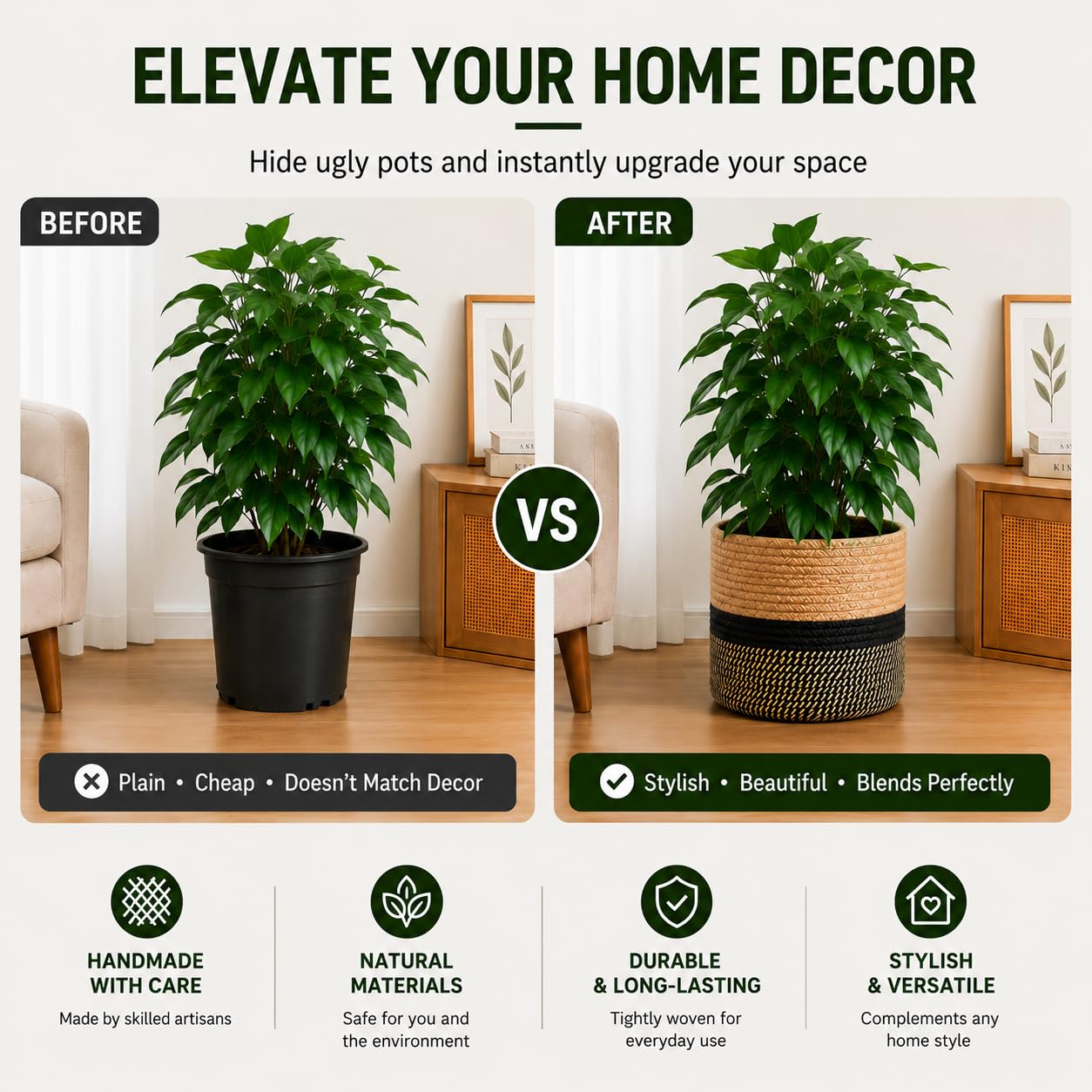 Pot de Fleurs de avec Doublure, Panier à Plantes d'intérieur en Tissu pour Pots à Fleurs de 23cm Corde de Coton Jute Pot à Plantes Décoration de la Maison