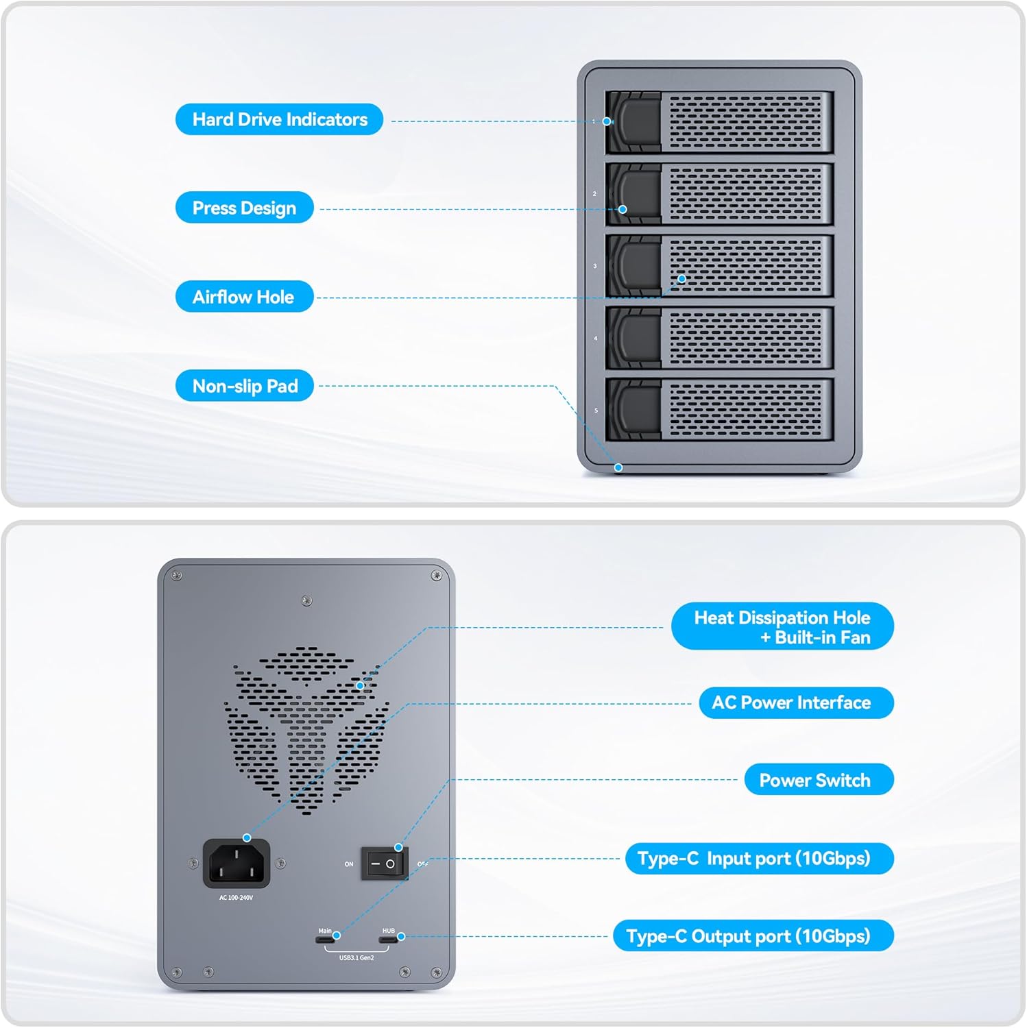 Yottamaster 5 Bay Hard Drive Enclosure, 10Gbps Daisy-Chain Aluminum USB C DAS Enclosure Support 120TB (5x24TB), Max Up to 330TB for 2.5" & 3.5" SATA HDD/SSD (Diskless) FS5C3