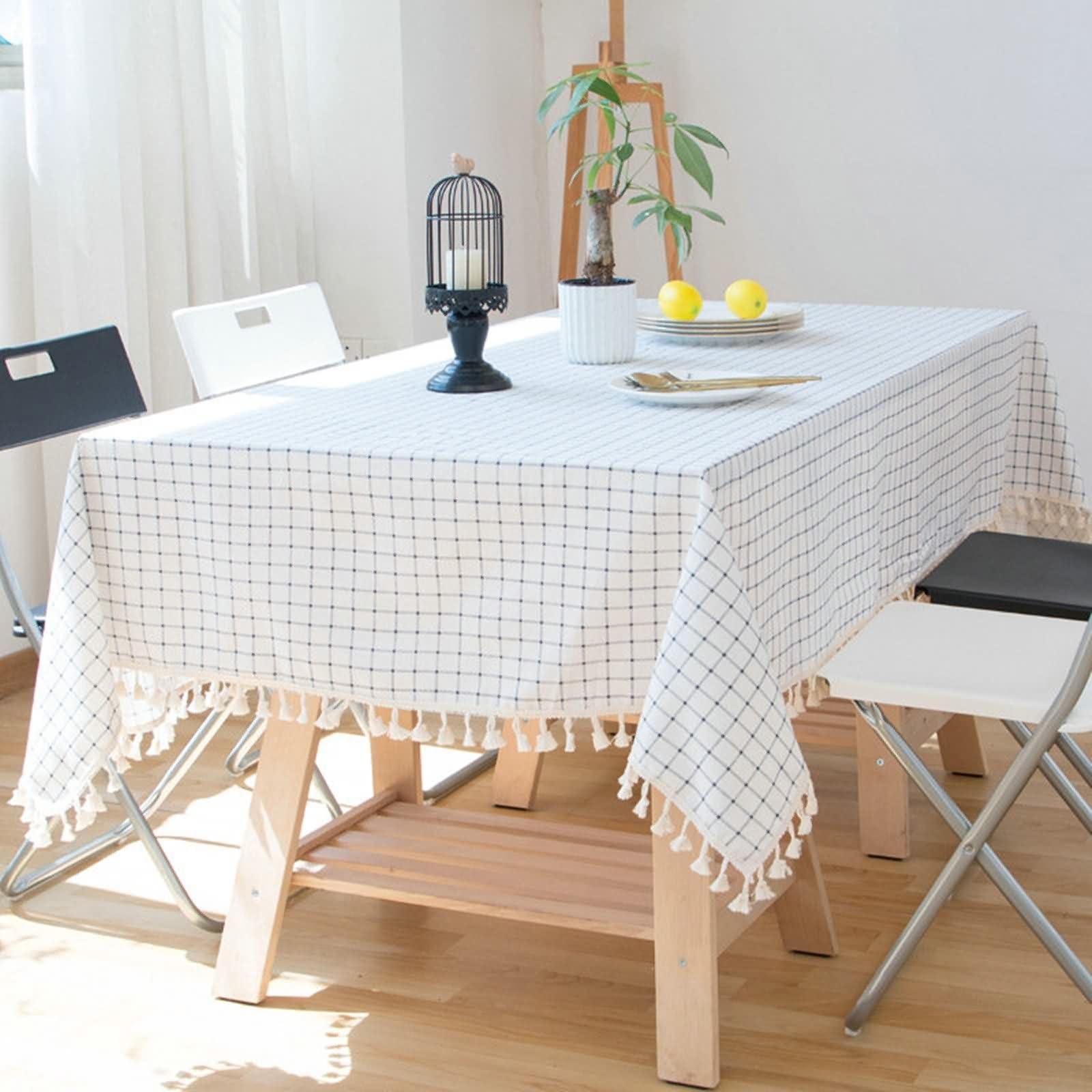 Mantel Lavable Antimanchas Rectangular Blanco, Cuadros con Borlas, de Algodón y Lino Elegante, 140 x 240 cm, Mantel para Cocina