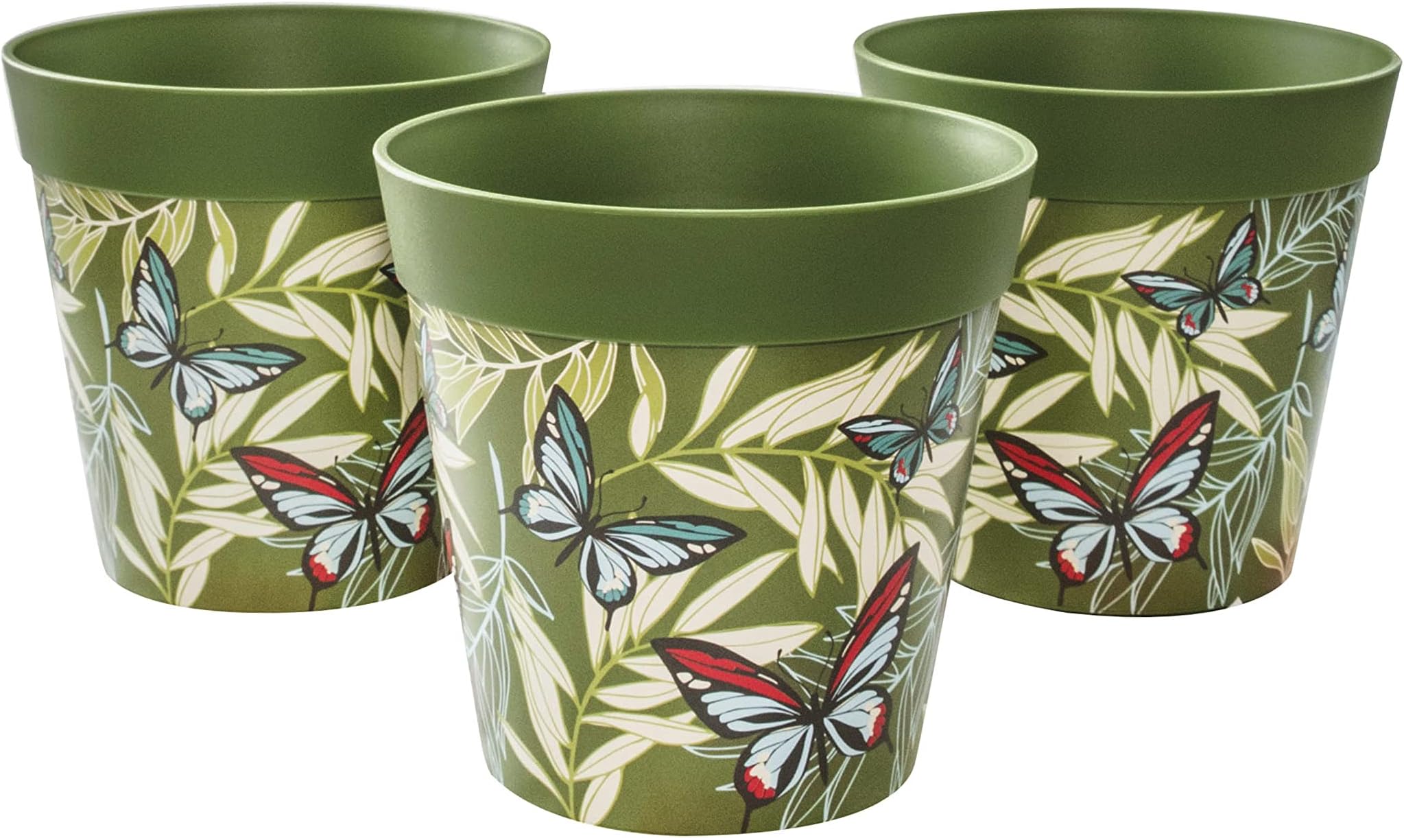 Hum Flowerpots, 15cm Set of 3, Various Patterns Colours and Sizes, Indoor/Outdoor Plastic Plant Pots, Green Butterfly Palm