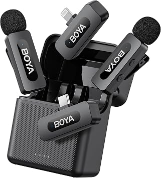 BOYA BY-V3 Combo Wireless Microphone for iPhone Android Smartphone,100M Los Range,36H Duration,Noise Cancellation,Plug&Play Lavalier Lapel Mics for Vlogging Interview 2-in-1 Charging Case2TX+2RX