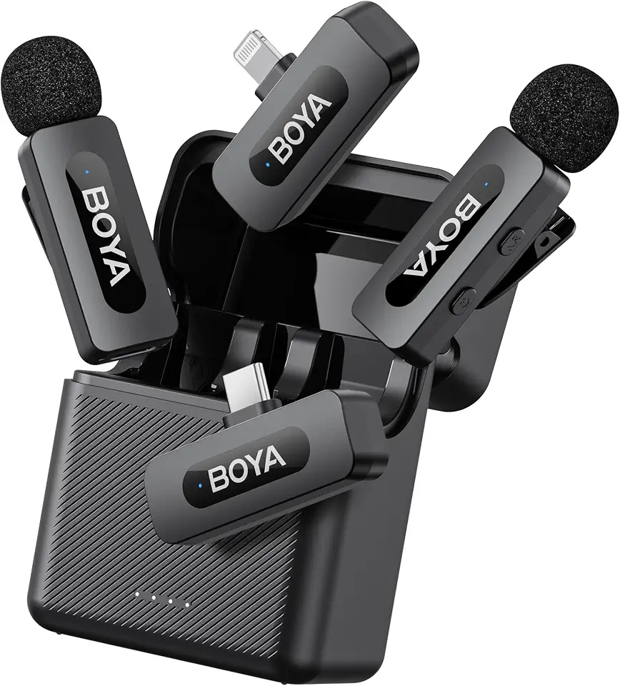 BOYA BY-V3 Combo Wireless Microphone for iPhone Android Smartphone,100M Los Range,36H Duration,Noise Cancellation,Plug&Play Lavalier Lapel Mics for Vlogging Interview 2-in-1 Charging Case(2TX+2RX)