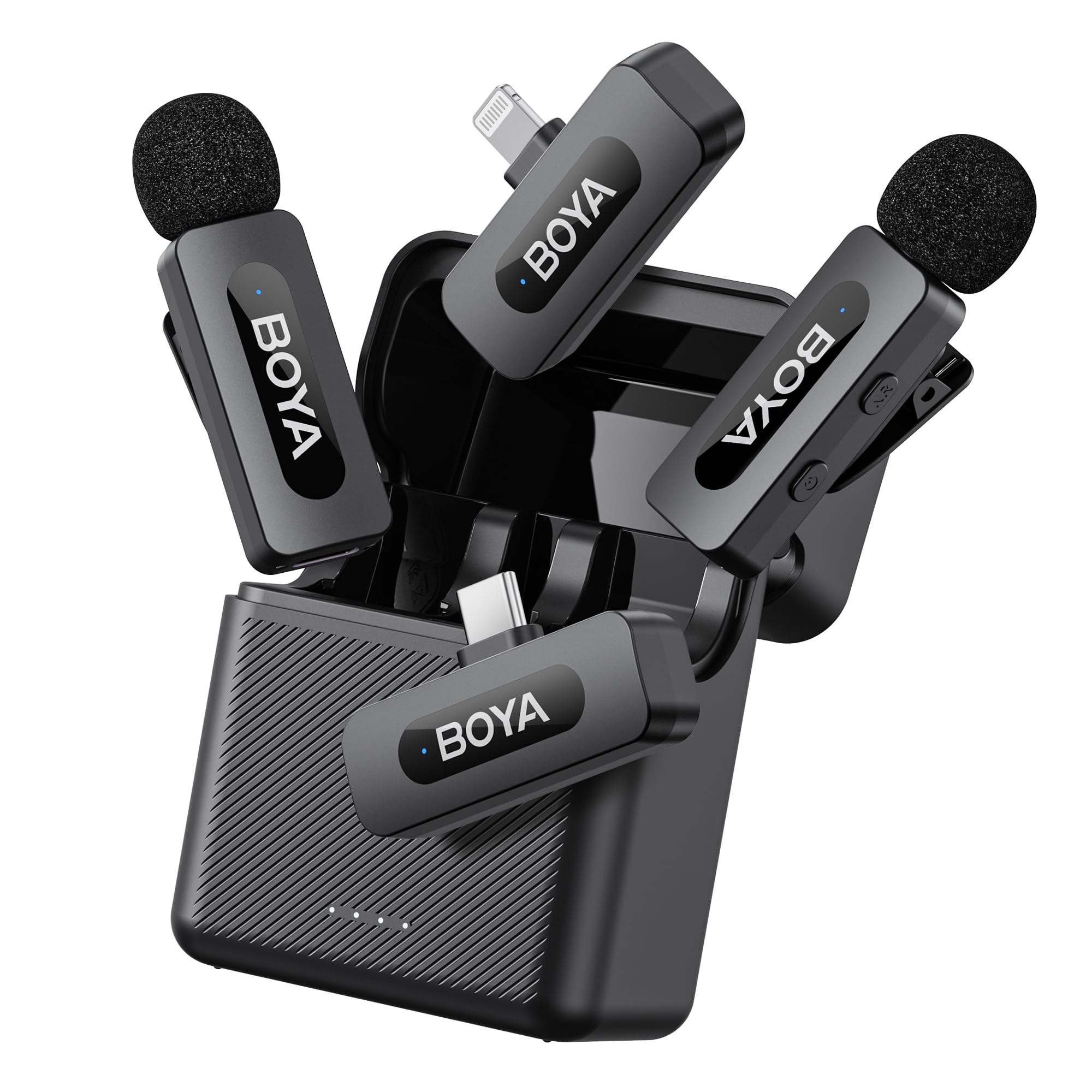 BOYA by-V3 Combo Wireless Microphone for iPhone Android Smartphone,100M Los Range,36H Duration,Noise Cancellation,Plug&Play Lavalier Lapel Mics for Vlogging Interview 2-in-1 Charging Case(2TX+2RX)
