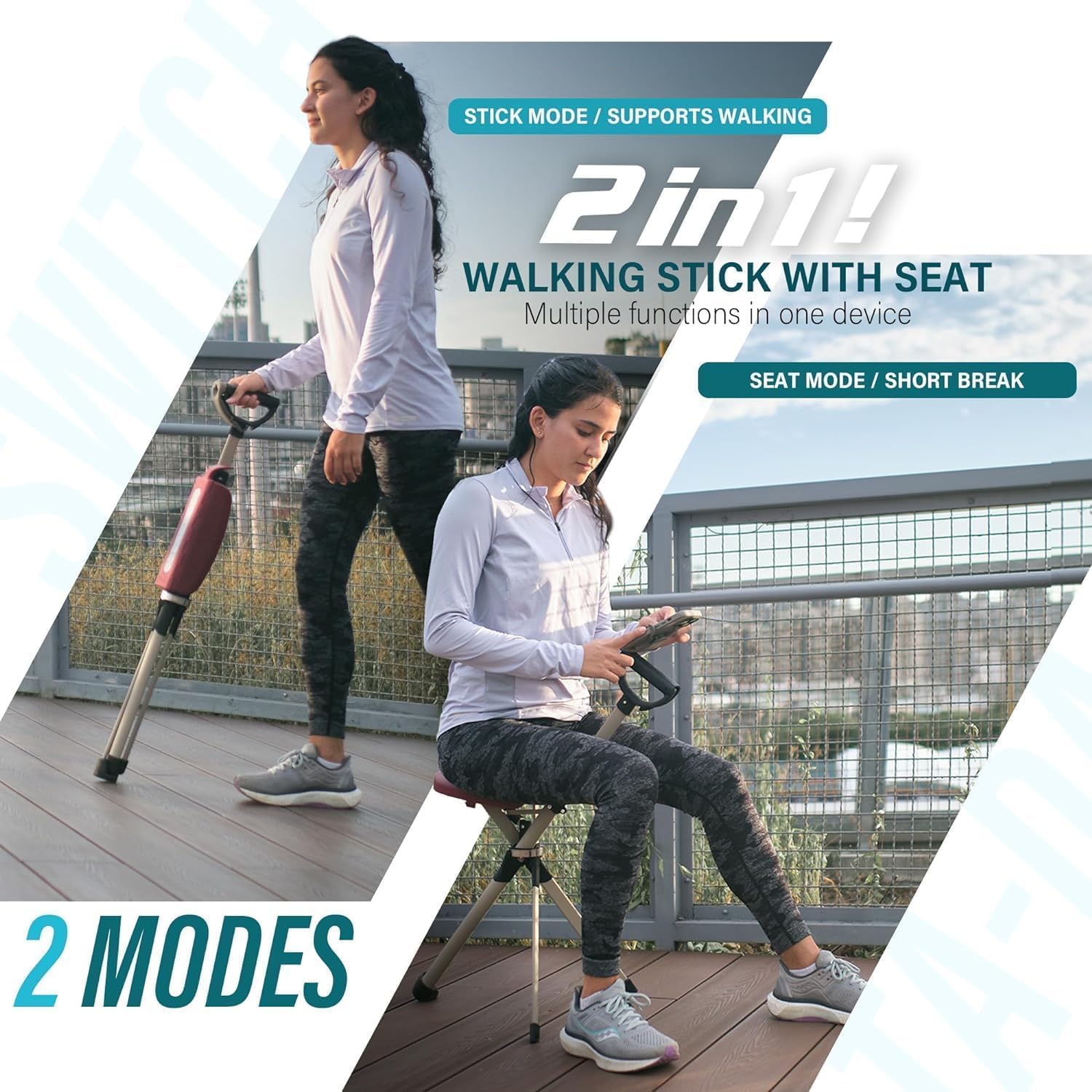Ta-Da Chair Série 2 Pro - Canne de Marche avec siège, Cadre léger en Aluminium, Tabouret Pliable Robuste (jusqu'à 136 kg), Facile à Plier, idéal pour la randonnée et l'extérieur - Ajustable