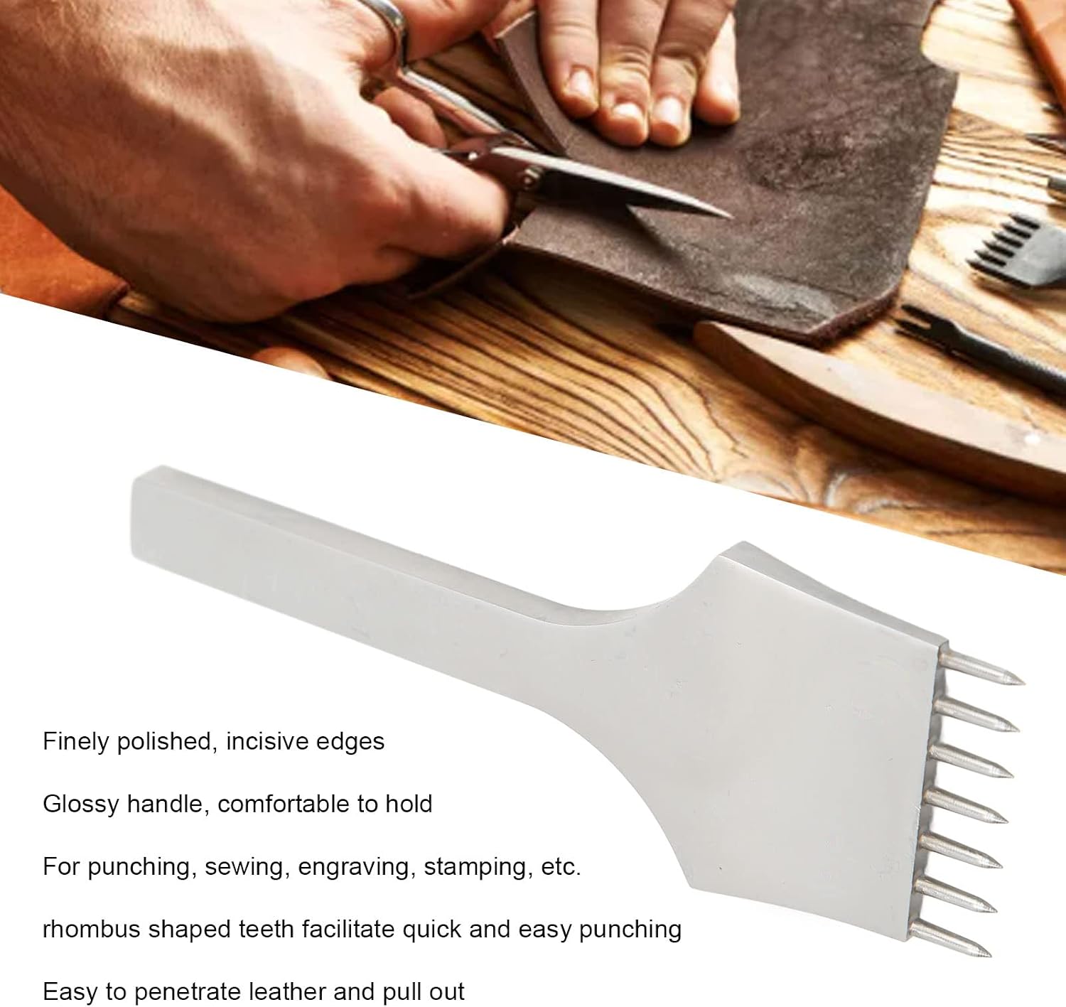 Leather Pricking Iron, Mirror Polished Comfortable Grip High Speed Steel Round Cutting Leather Used for Engraving Sewing Stamping Punching Tools 5.0mm 7 Teeth