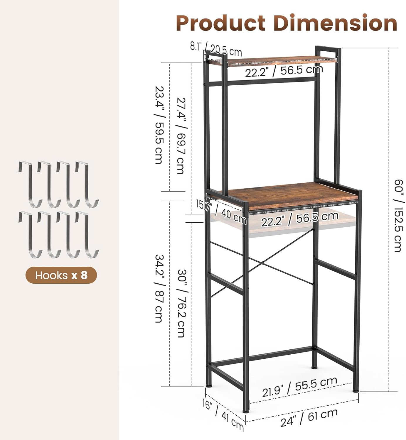 Housolution Mini Fridge Stand with Storage, 2-Tier Kitchen Microwave Stand with Storage Mini Fridge Shelf Height Adjustable Bakers Rack with 8 Hooks for Dorm, Living Room, Offices