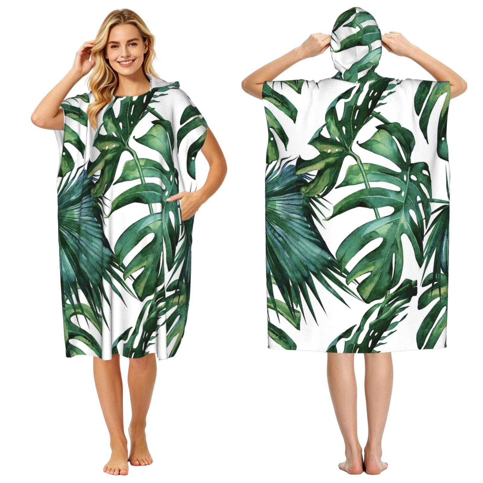 Poadnly Flourishing Palm Leaves, Adult Hooded Beach Towel 90 x 110 cm,Changing Bath Robe, Surf Poncho Towel For Women Men