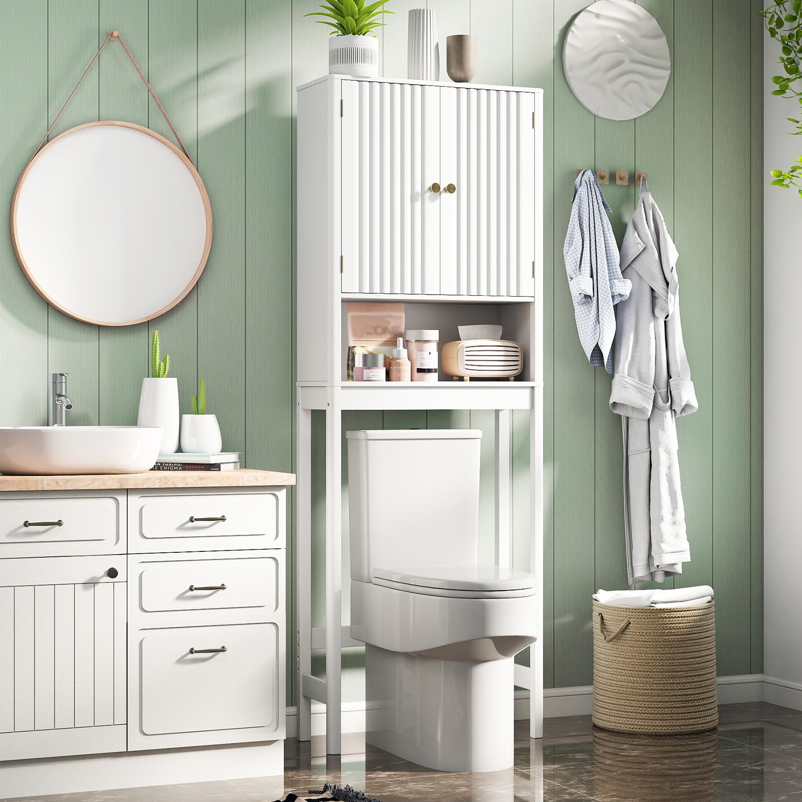 GIANTEX Toilettenregal, Regal über Toilette mit verstellbaren Regalen, Toilettenschrank mit 2Türen & offener Ablage, 60 × 23 × 168 cm, platzsparend Überbauschrank für Badezimmer & Waschküche (Weiß)