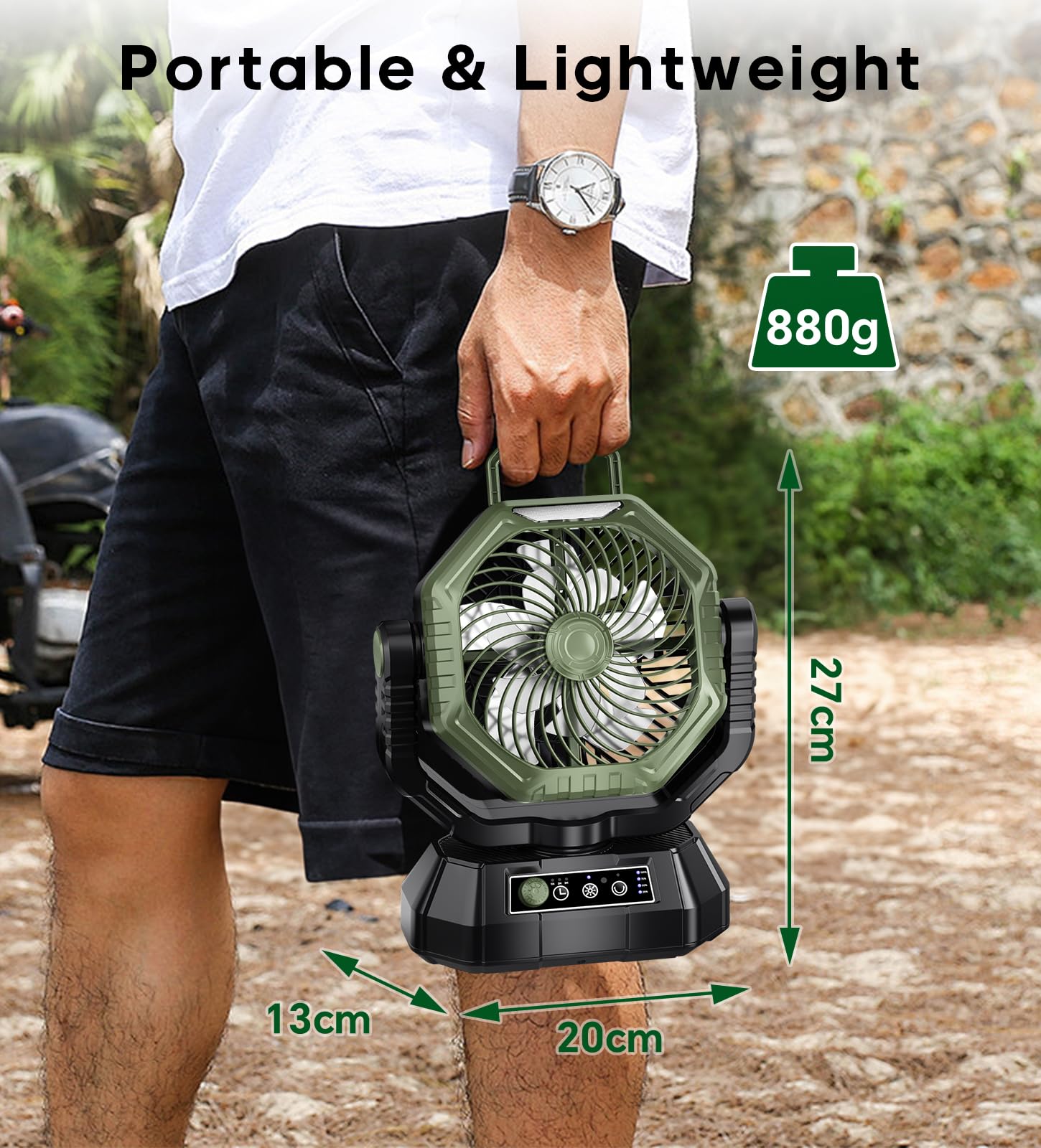 Ventilatore da Campeggio con Lanterna a LED, 20000 mAh Ventilatore da Tavolo con Telecomando e Gancio, Rotazione di 270°, Velocità Continua, Modalità Timer, per Tenda da Interno ed Esterno（Verde）