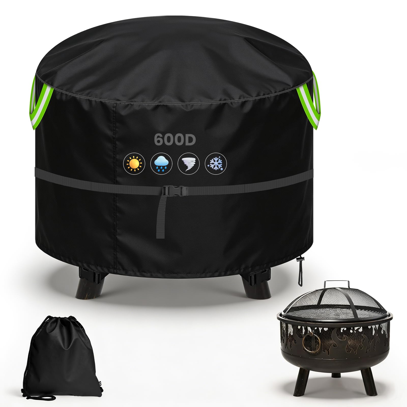 YedZen Fire Pit Cover Round, Ø80x50cm, 600D PU Coating Firepit Cover Waterproof with 1.5m Adjustable Strap, Windproof Buckle＆Reflective Handles, Outdoor Garden Fire Bowl Protector