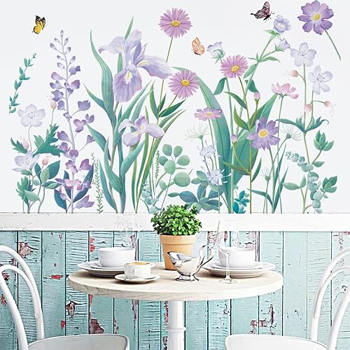 Miniatura 2 de Runtoo Pegatinas de pared con diseño de flores moradas, diseño de mariposas, jardín, para niñas, dormitorio, baño, cuarto de bebé, decoración de