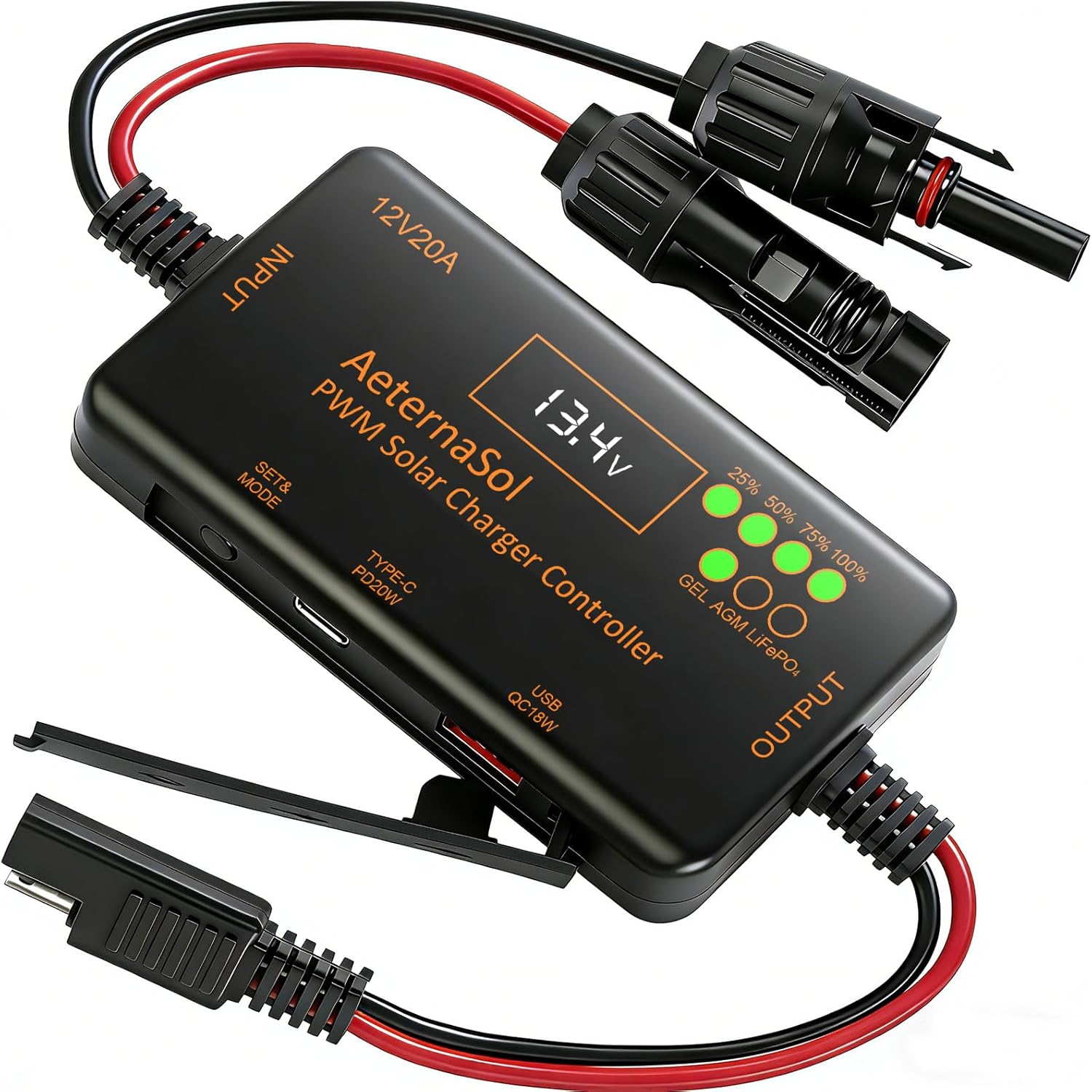 PWM Solar Charge Controller 12V20A Solar Panel Charge Controller with PD 22W & QC 18W USB Type-C Output for LiFePO4, AGM, Gel Battery（20APWM）